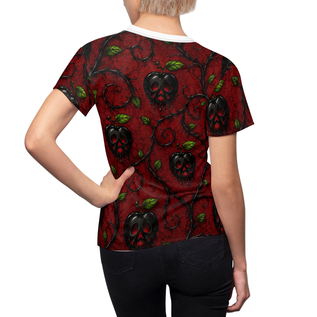 Women's Red Poison Apple Tee — Gothic Floral Skull Pattern