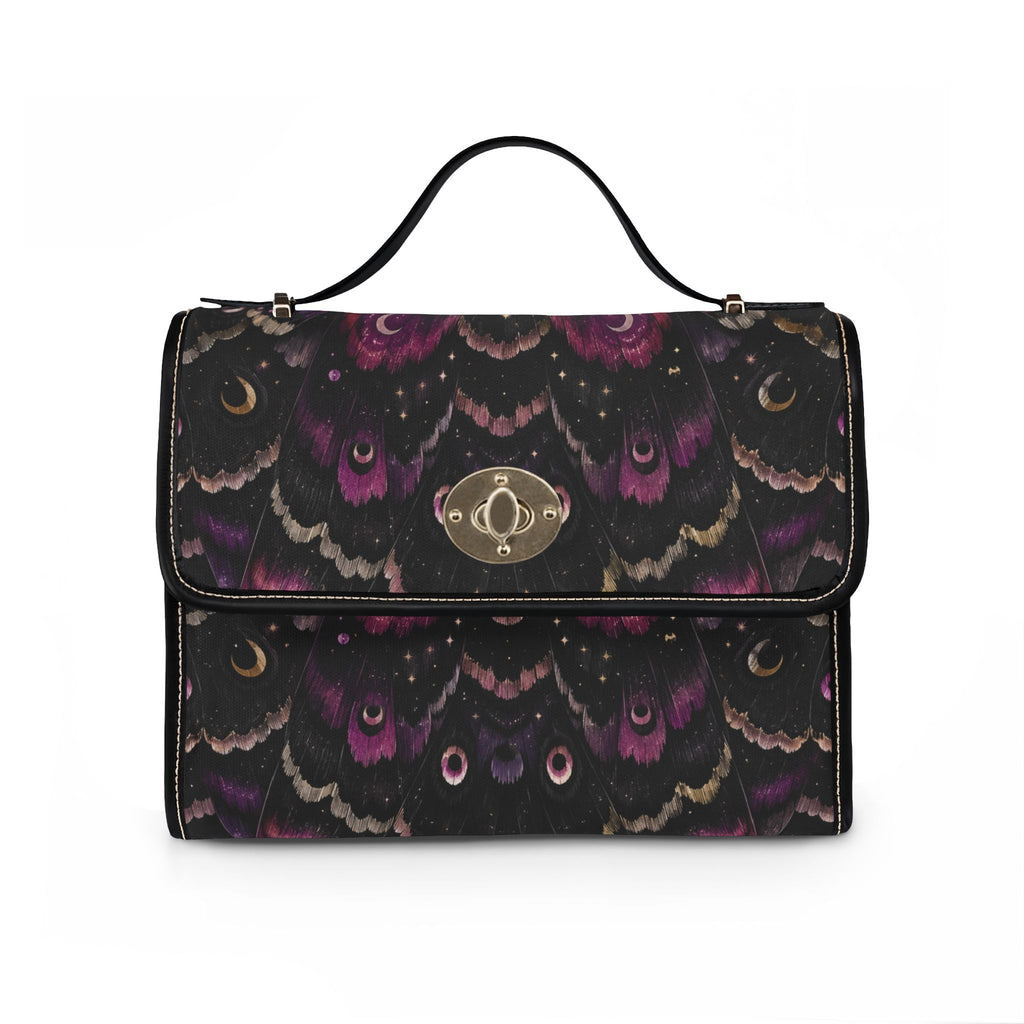 Dark Purple Moth Wing Pattern Waterproof Canvas Bag | Floral Boho Satchel