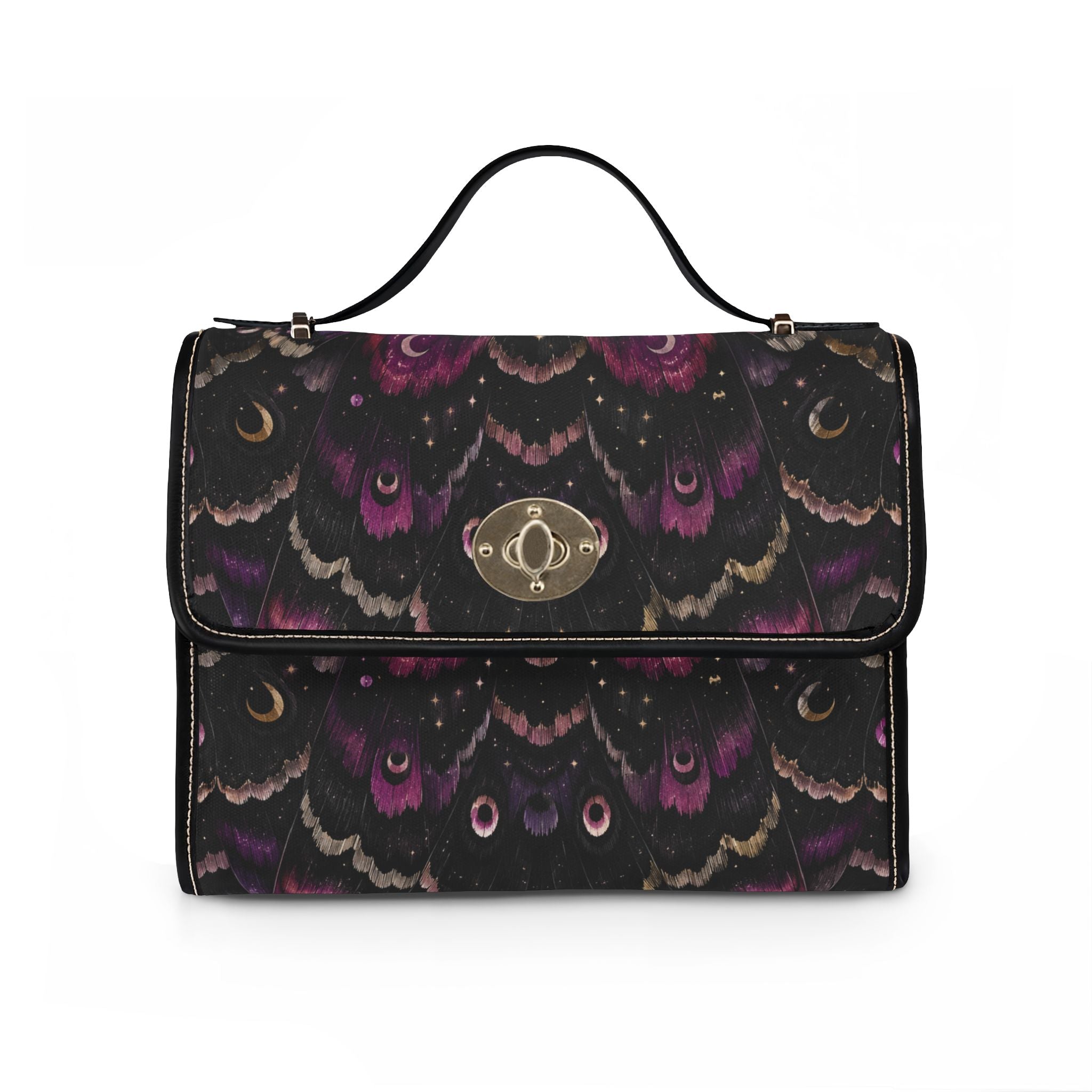 Dark Purple Moth Wing Pattern Waterproof Canvas Bag | Floral Boho Satchel