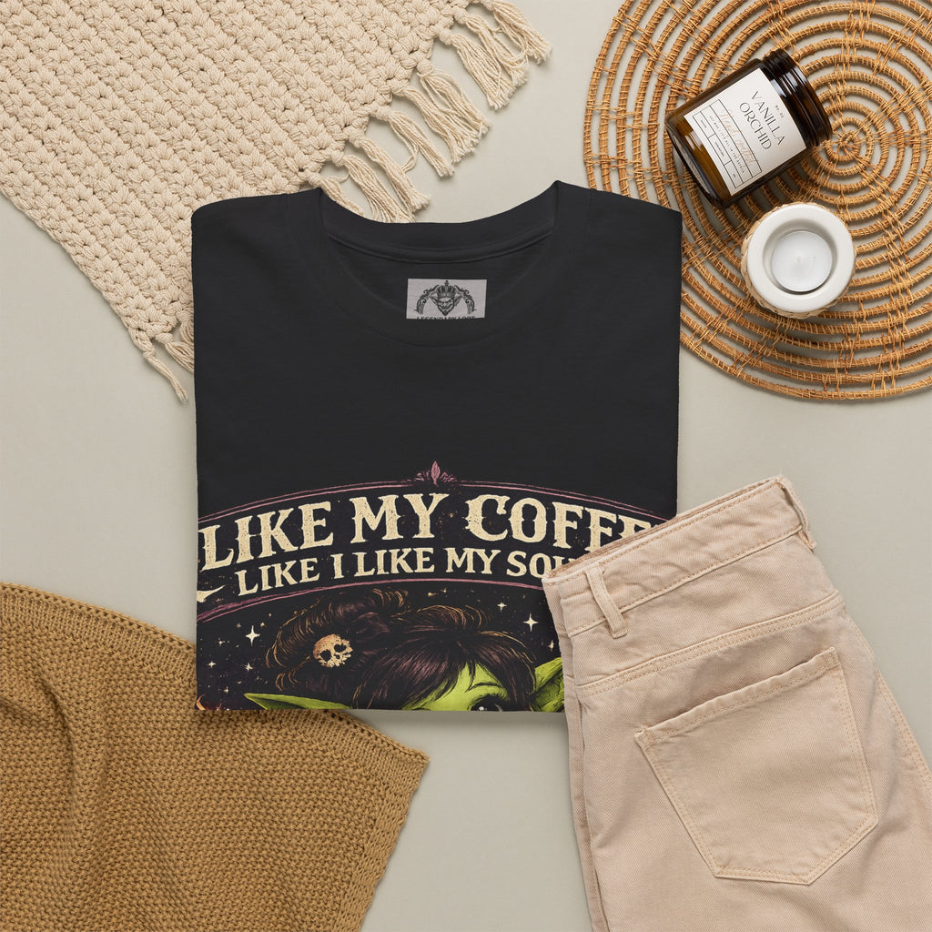 Like My Coffee Tee — "Like My Coffee Like I Like My Souls: Dark and Consumed Daily" Gothic Graphic T-Shirt
