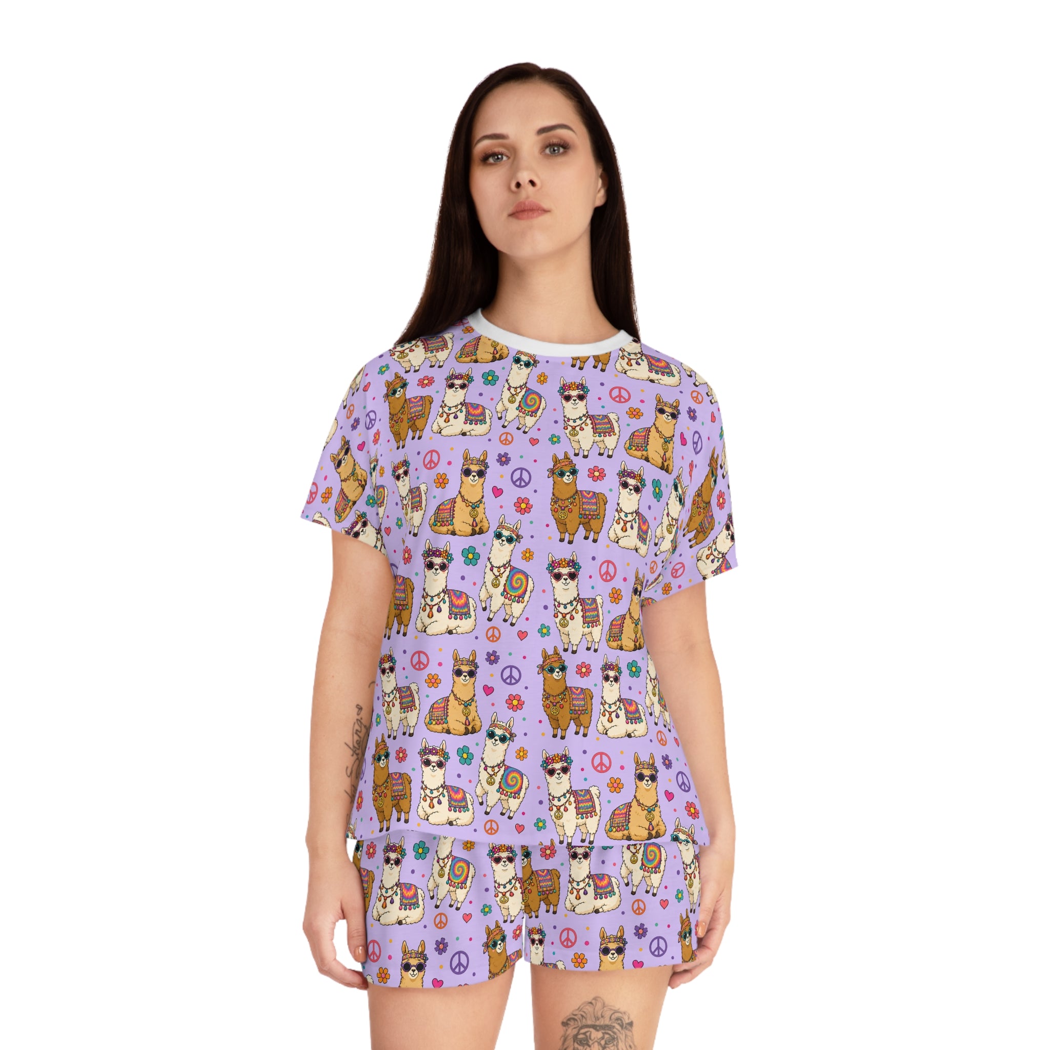 Llama Party Women’s Short Pajama Set — Cute Purple All-Over Print Sleepwear