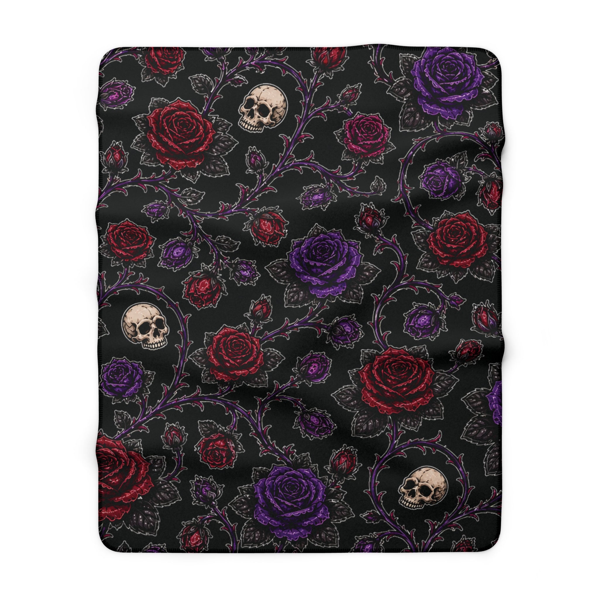 Gothic Skull and Roses Sherpa Blanket | Dark Floral Skull Throw