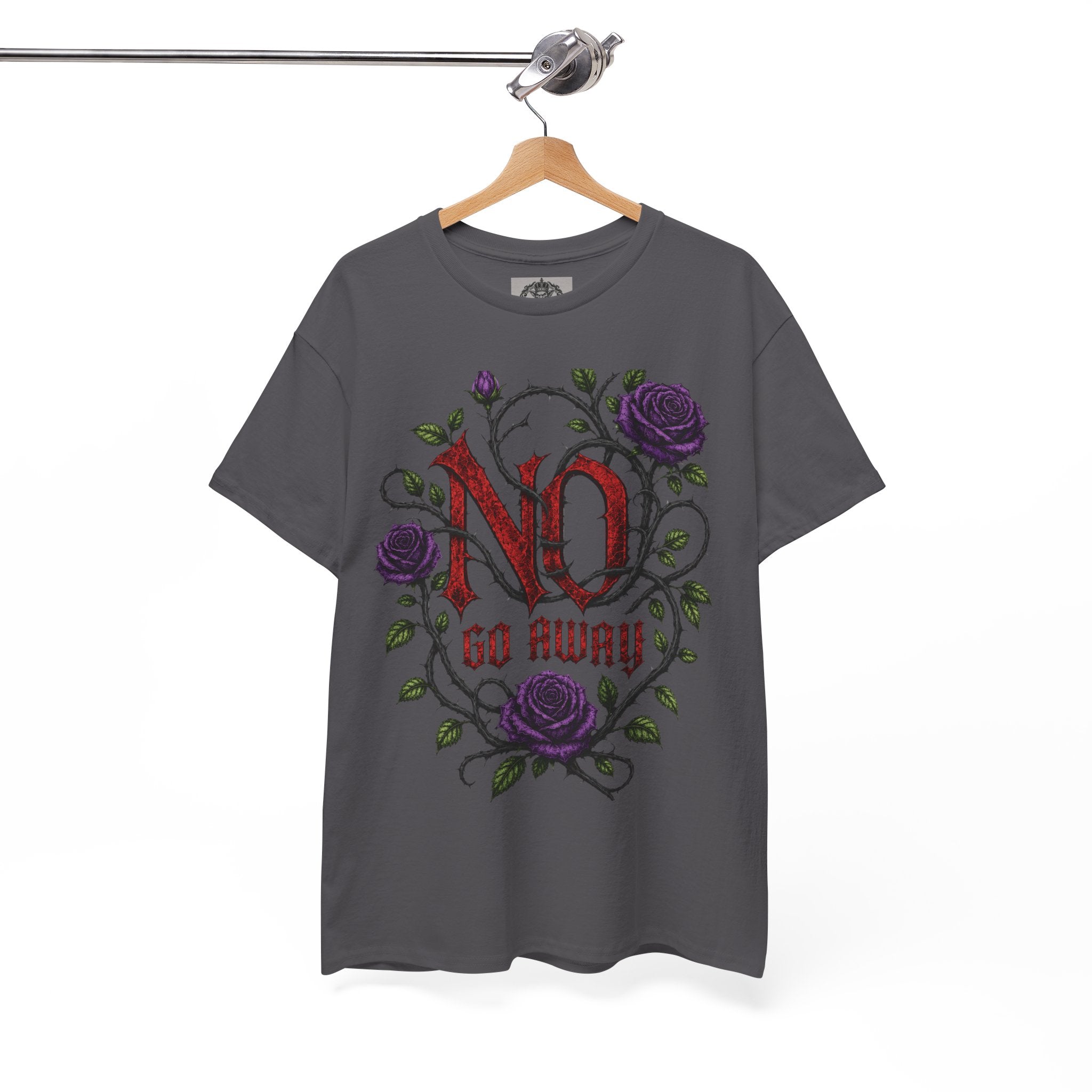 No Go Away T-Shirt | Gothic Purple Roses, Dark Floral Typography