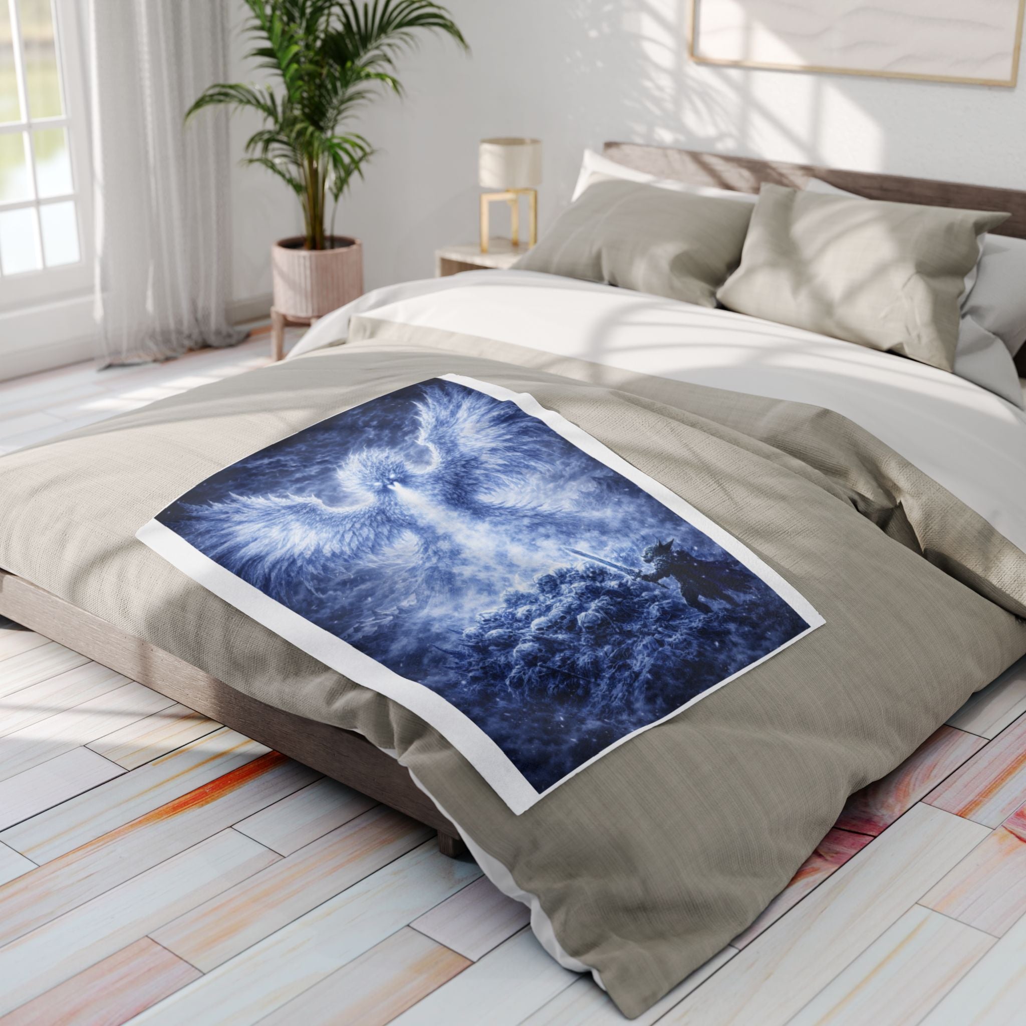 Arctic Phoenix Fleece Blanket | Fantasy Ice Bird Throw | Cozy Gamer Blanket