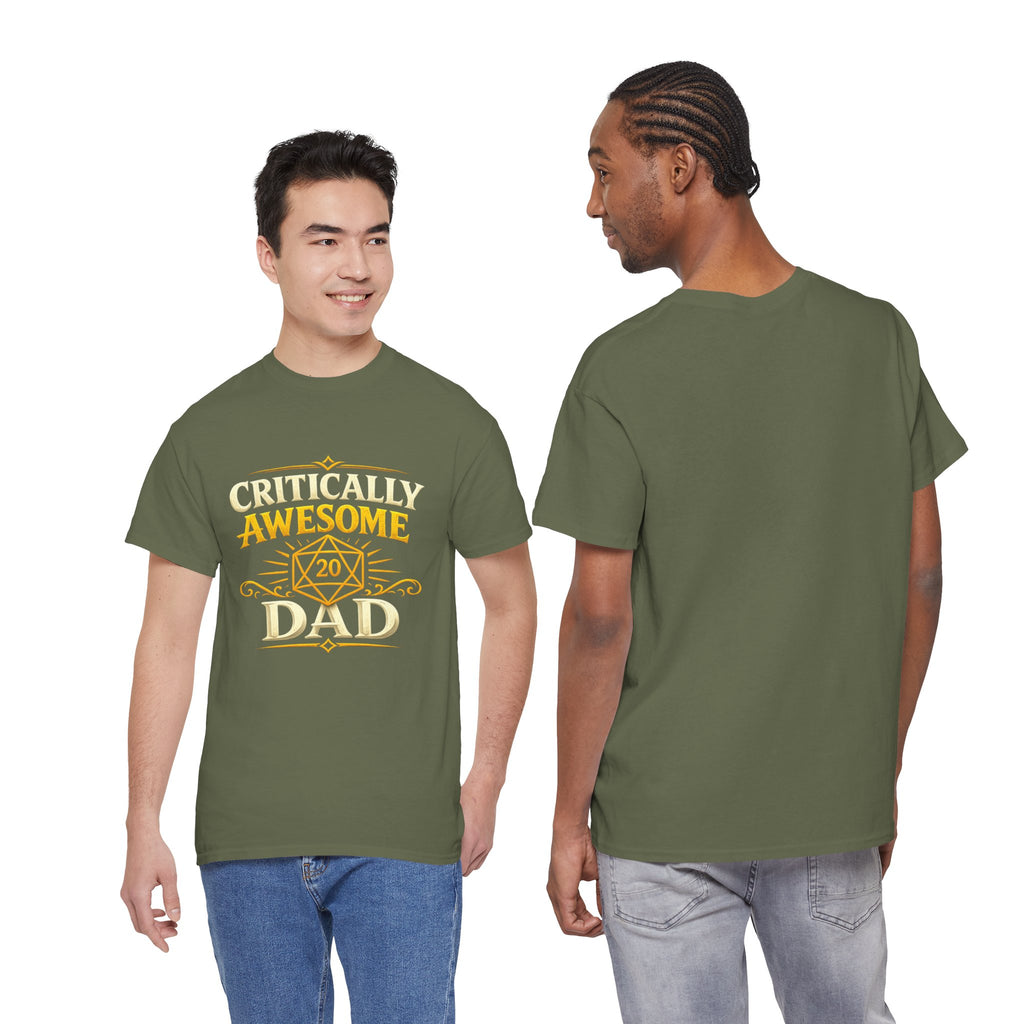 Critically Awesome Dad T‑Shirt – Gold D20 Gaming Father Tee (Father’s Day, Gamer Dad Gift)