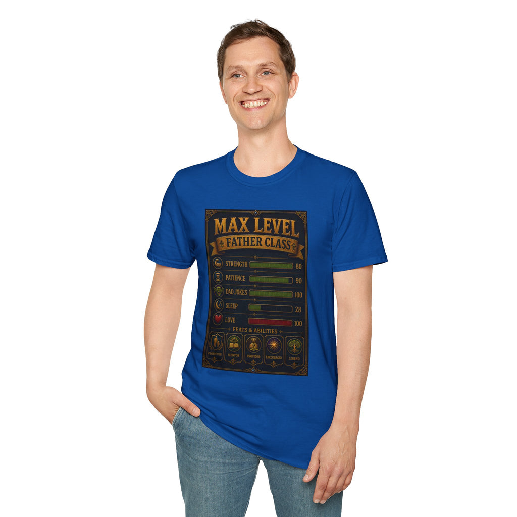 T-Shirt — "Max Level Father Class" Funny Gamer Dad Shirt (Strength, Patience, Dad Jokes)