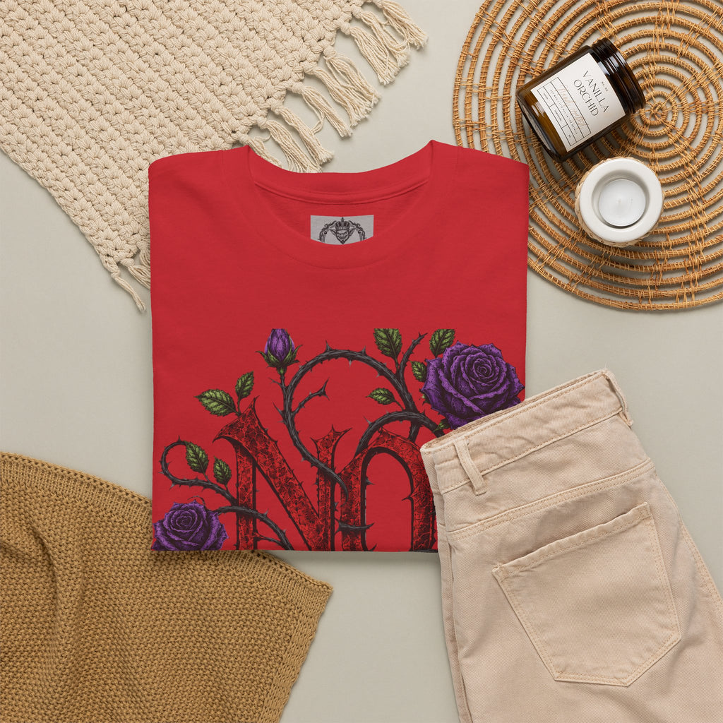 No Go Away T-Shirt | Gothic Purple Roses, Dark Floral Typography