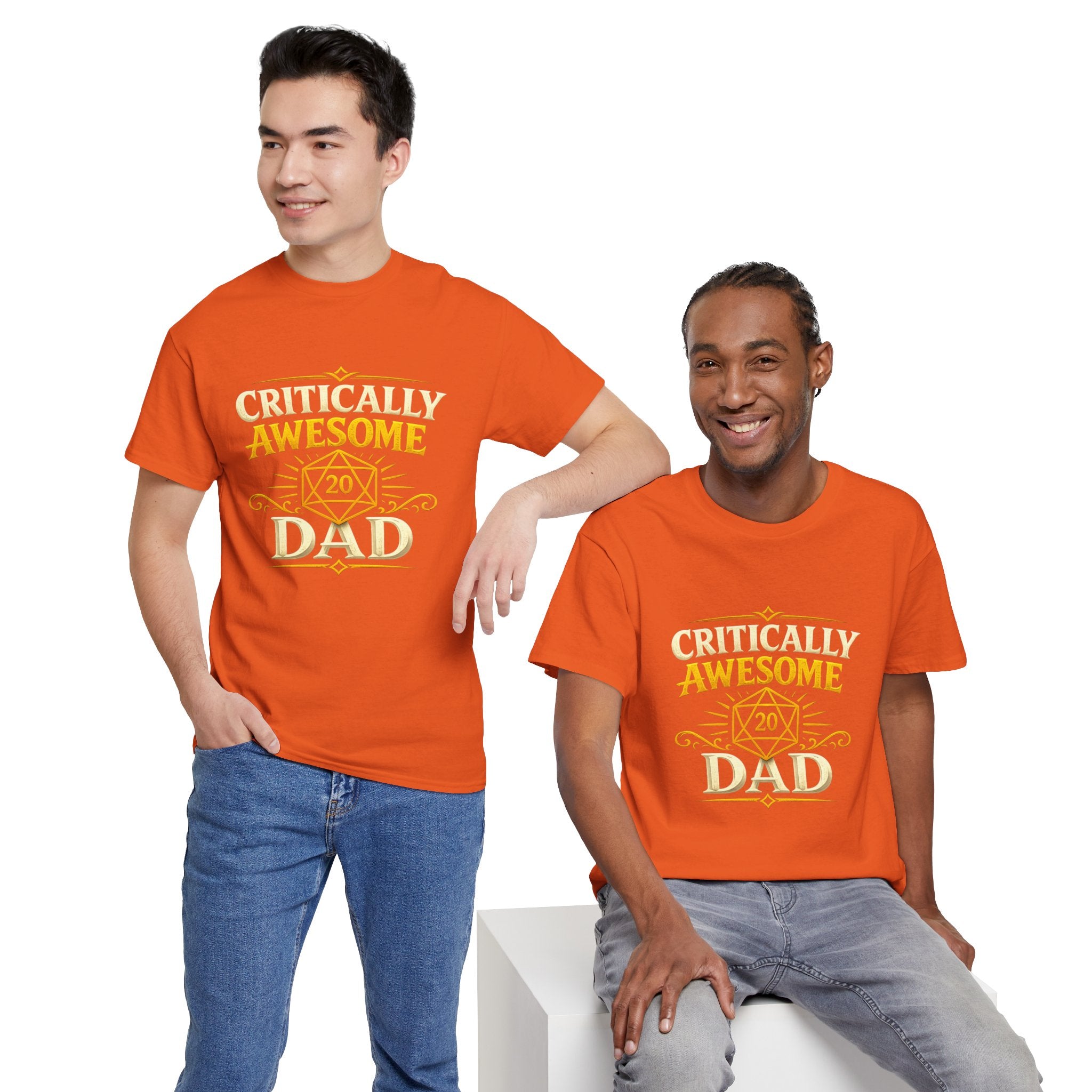 Critically Awesome Dad T‑Shirt – Gold D20 Gaming Father Tee (Father’s Day, Gamer Dad Gift)