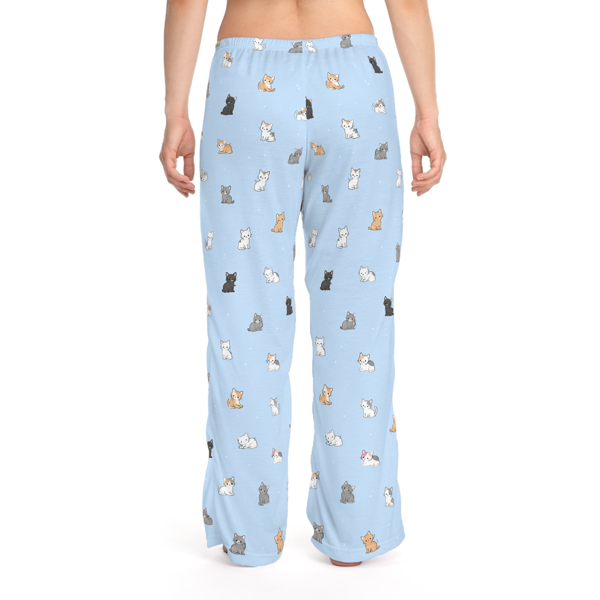 Cat Print Women's Pajama Pants – Light Blue All-Over Cute Kitten Lounge Pants