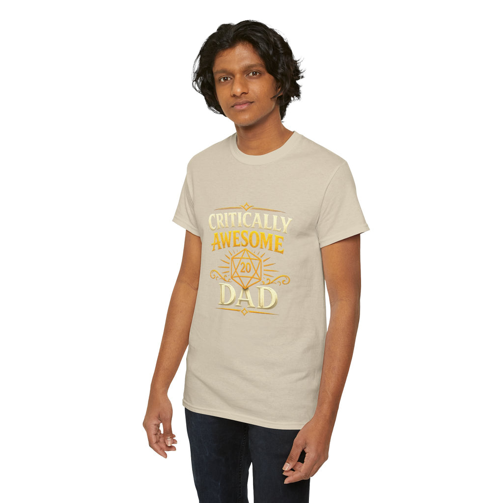 Critically Awesome Dad T‑Shirt – Gold D20 Gaming Father Tee (Father’s Day, Gamer Dad Gift)