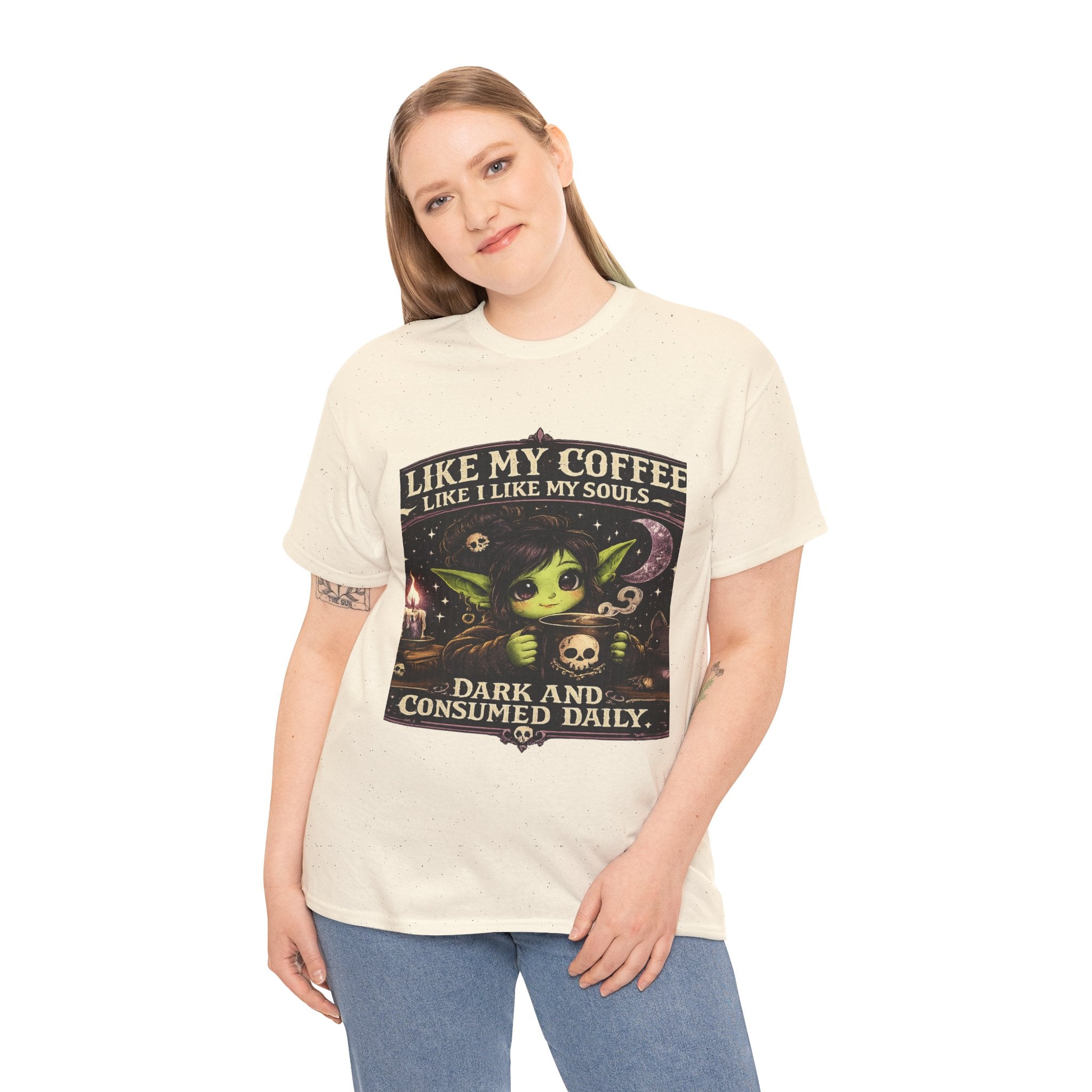 Like My Coffee Tee — "Like My Coffee Like I Like My Souls: Dark and Consumed Daily" Gothic Graphic T-Shirt