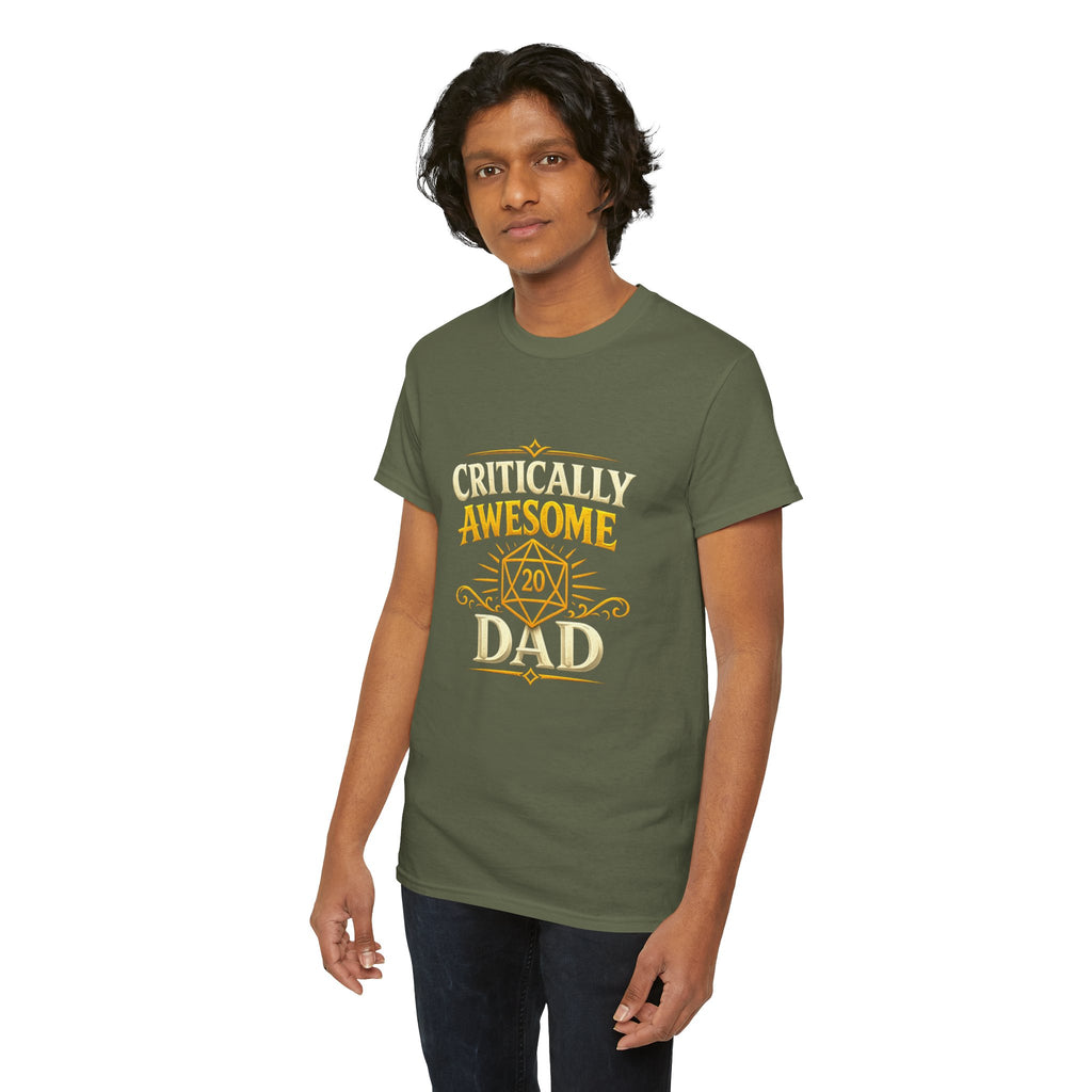 Critically Awesome Dad T‑Shirt – Gold D20 Gaming Father Tee (Father’s Day, Gamer Dad Gift)