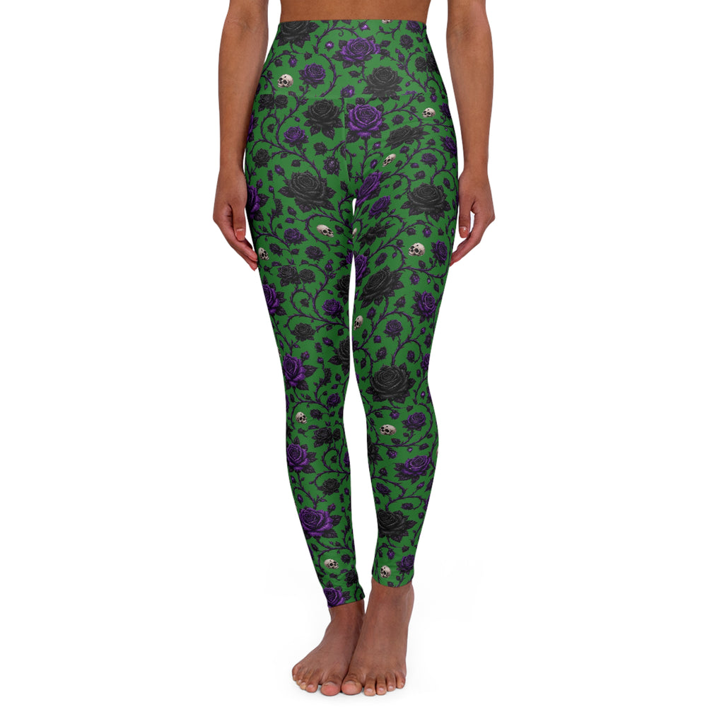 High-Waist Floral Skull Yoga Leggings — Green & Purple All-Over Print