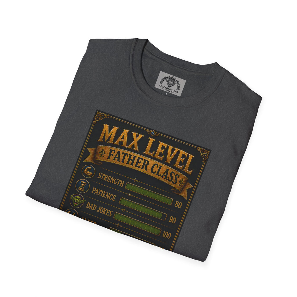 T-Shirt — "Max Level Father Class" Funny Gamer Dad Shirt (Strength, Patience, Dad Jokes)