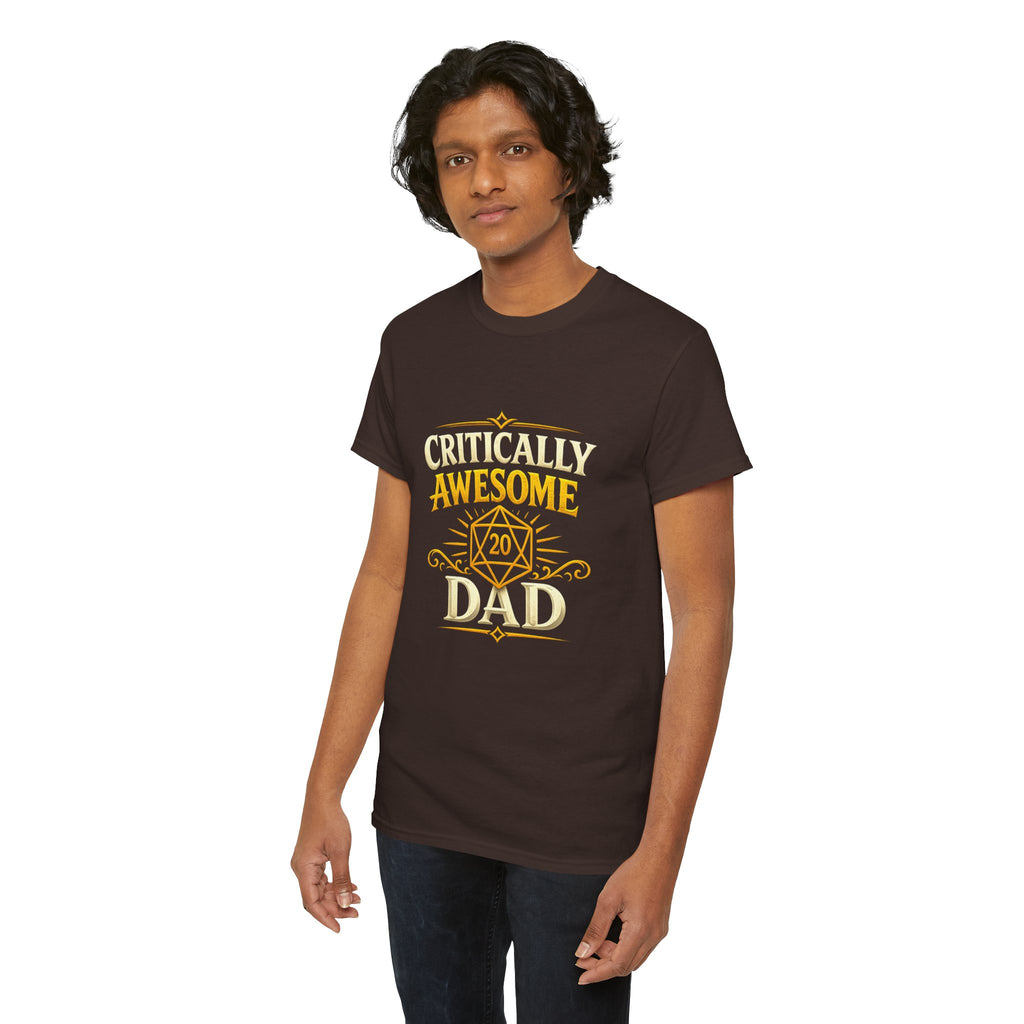 Critically Awesome Dad T‑Shirt – Gold D20 Gaming Father Tee (Father’s Day, Gamer Dad Gift)