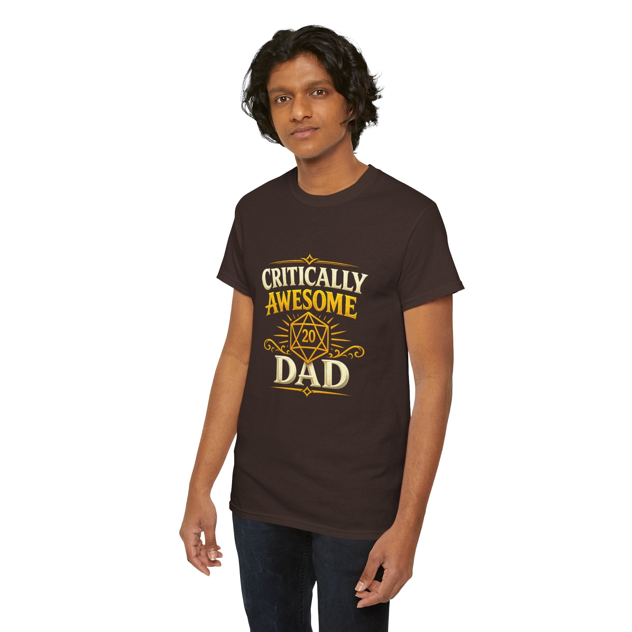 Critically Awesome Dad T‑Shirt – Gold D20 Gaming Father Tee (Father’s Day, Gamer Dad Gift)
