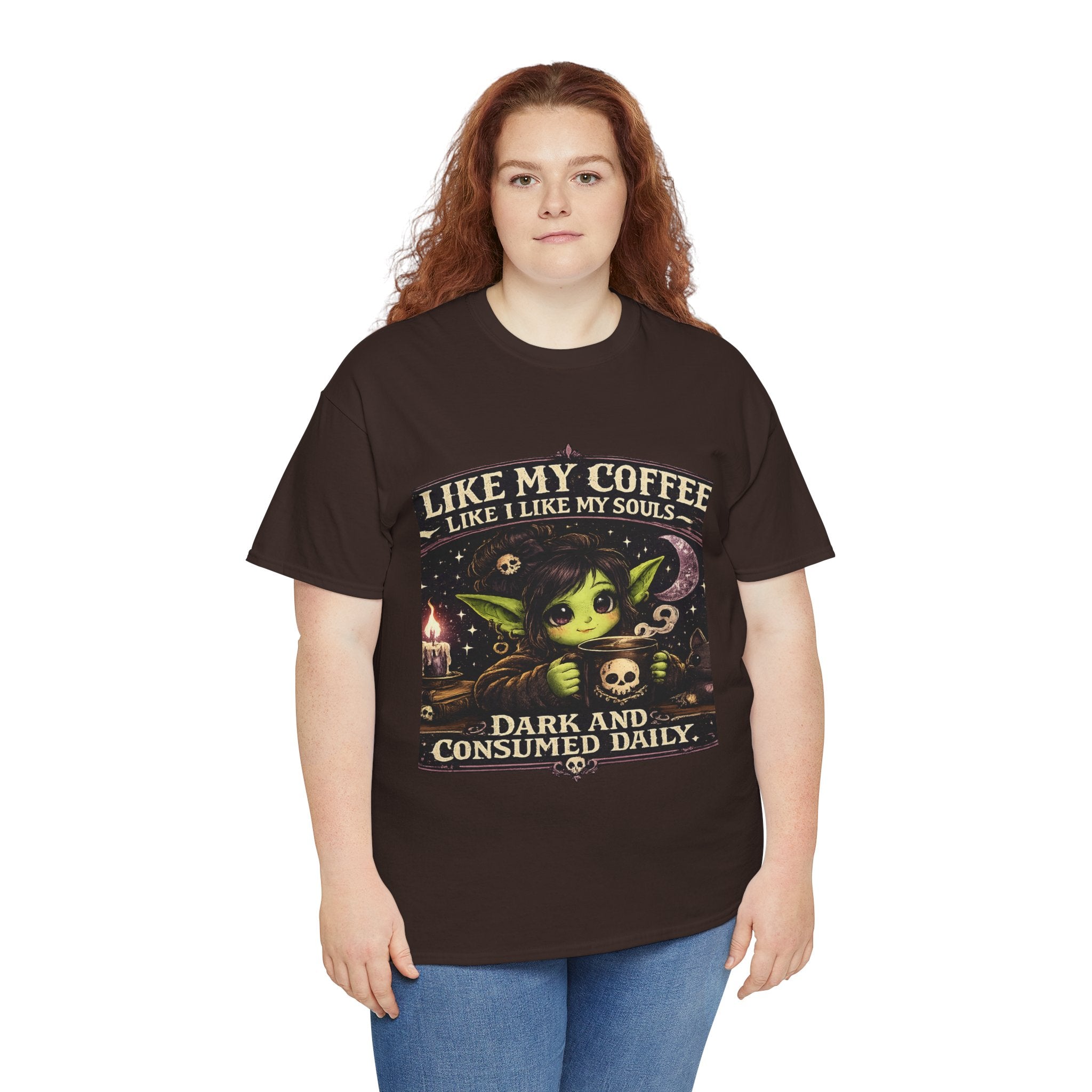 Like My Coffee Tee — "Like My Coffee Like I Like My Souls: Dark and Consumed Daily" Gothic Graphic T-Shirt
