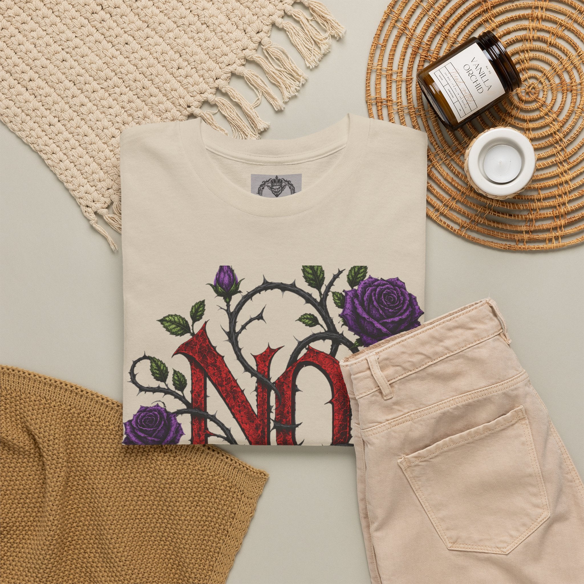 No Go Away T-Shirt | Gothic Purple Roses, Dark Floral Typography
