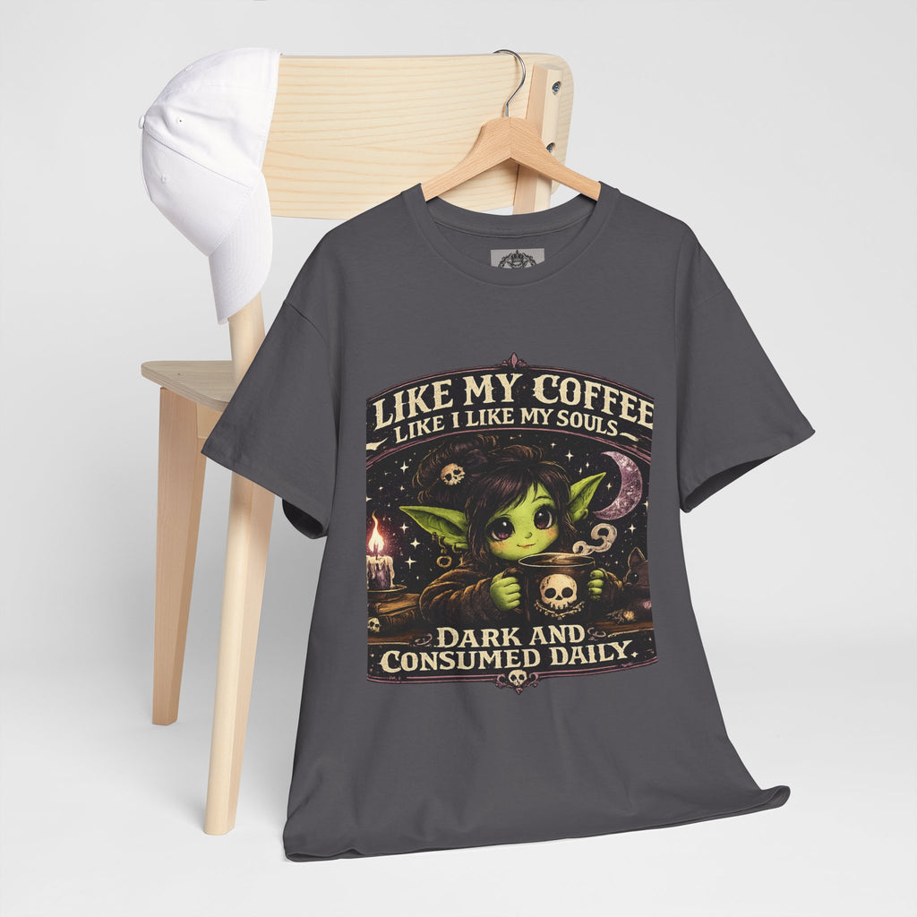 Like My Coffee Tee — "Like My Coffee Like I Like My Souls: Dark and Consumed Daily" Gothic Graphic T-Shirt