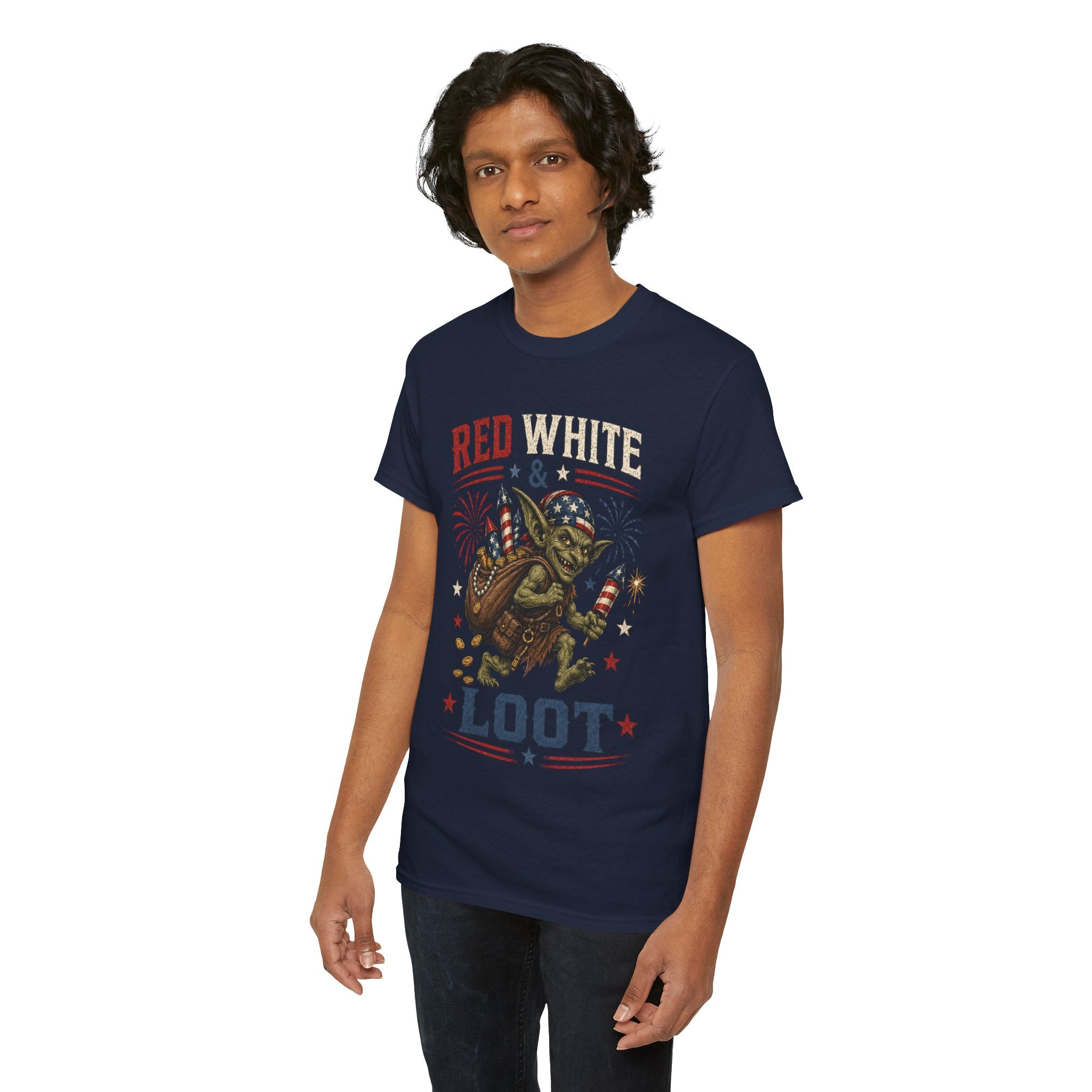 Red White & Loot Goblin Illustration Tee | Patriotic Fourth of July Shirt