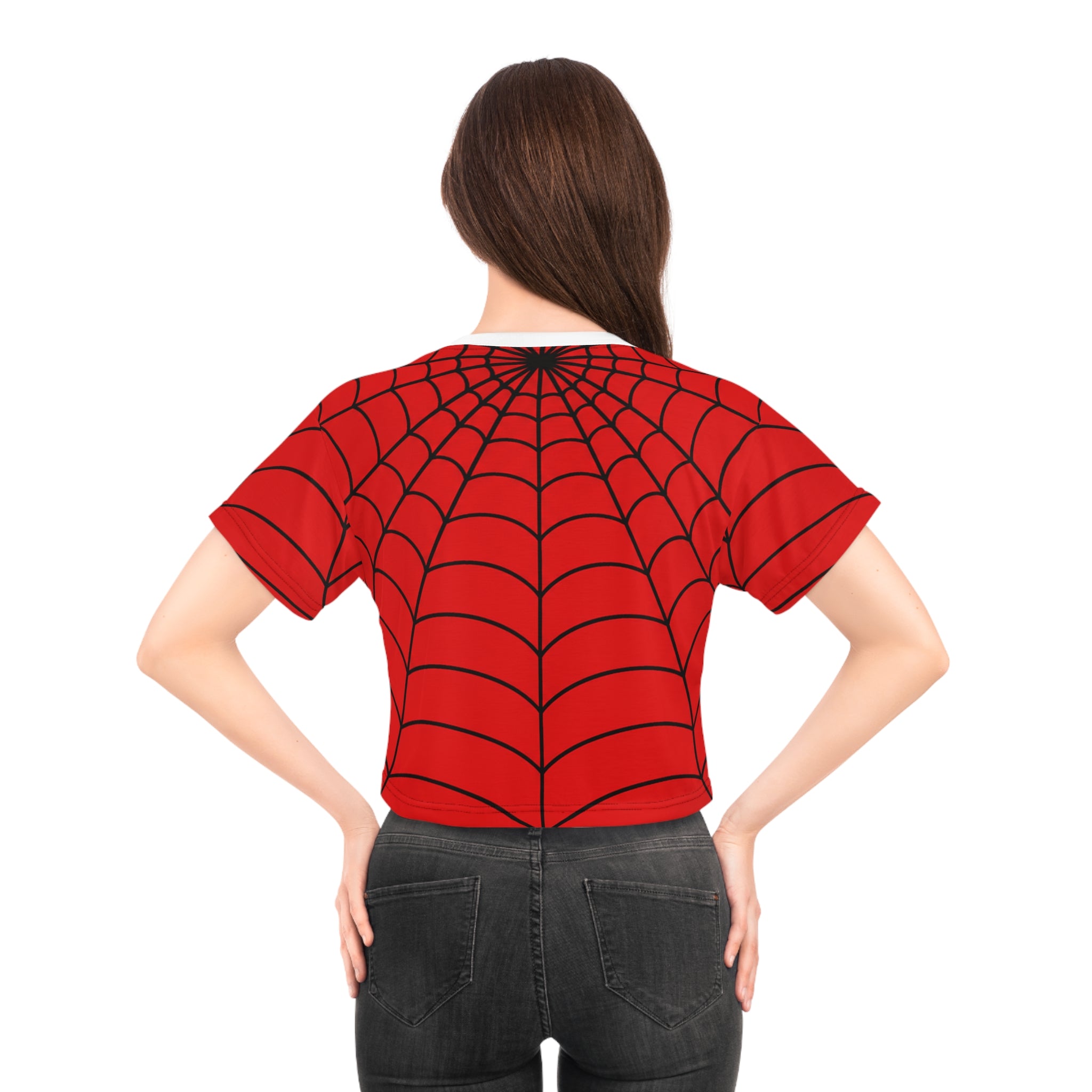 Spider Web Crop Tee - Red All-Over Print Halloween Spiderweb Top