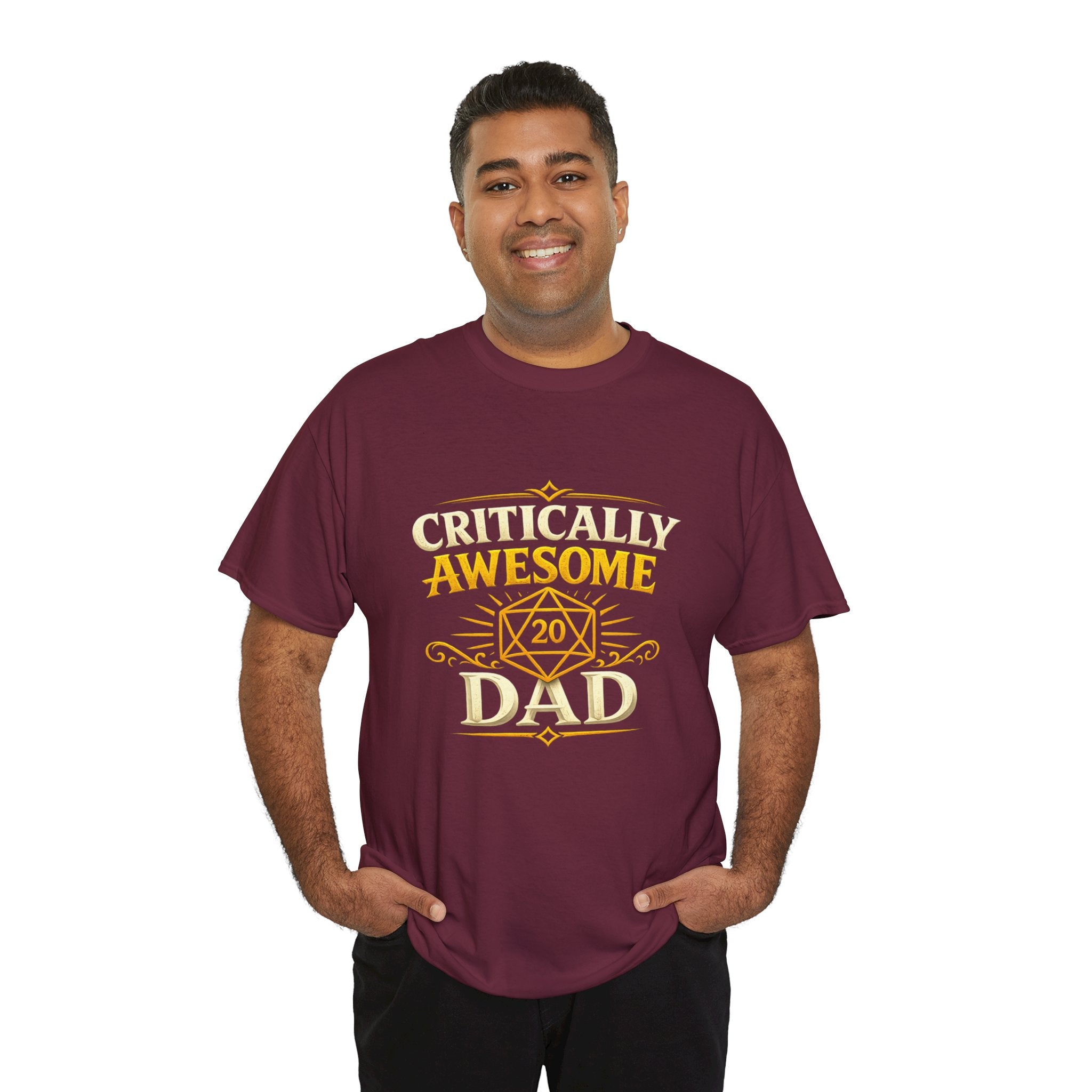 Critically Awesome Dad T‑Shirt – Gold D20 Gaming Father Tee (Father’s Day, Gamer Dad Gift)