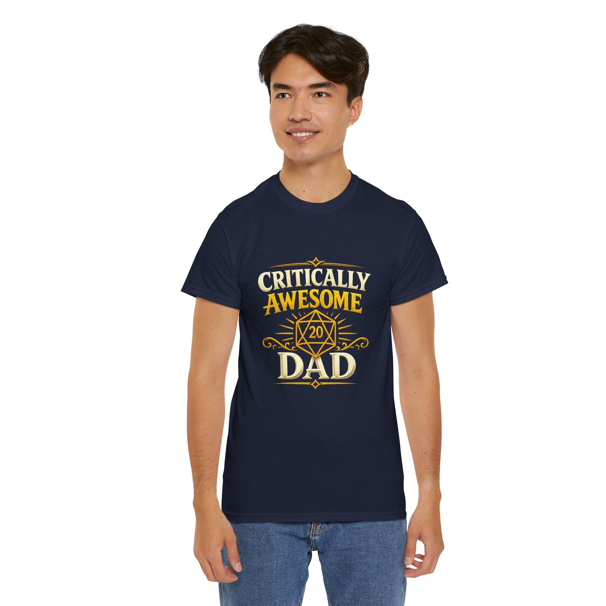 Critically Awesome Dad T‑Shirt – Gold D20 Gaming Father Tee (Father’s Day, Gamer Dad Gift)