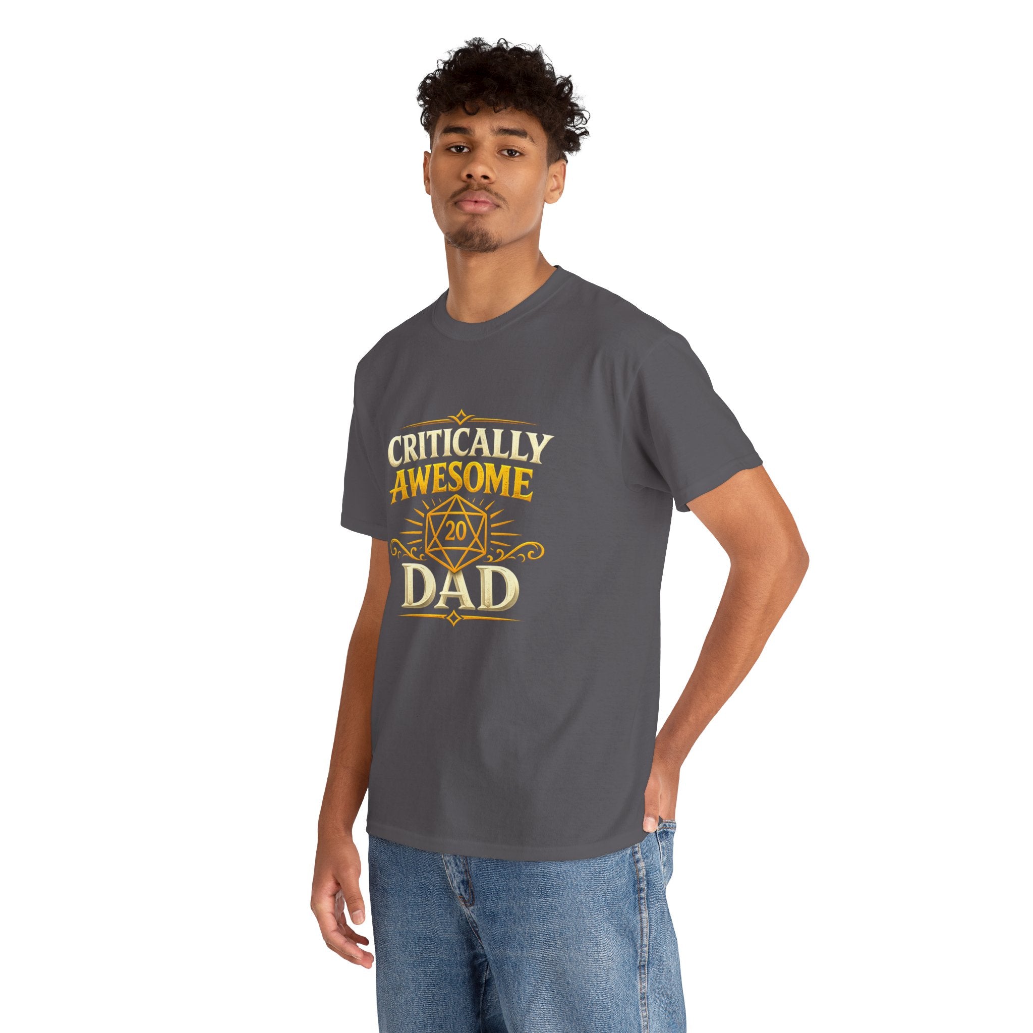 Critically Awesome Dad T‑Shirt – Gold D20 Gaming Father Tee (Father’s Day, Gamer Dad Gift)