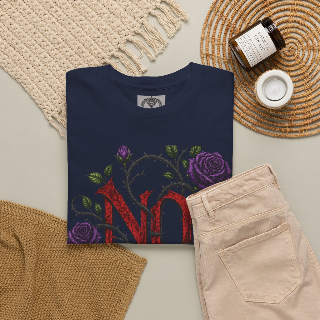 No Go Away T-Shirt | Gothic Purple Roses, Dark Floral Typography