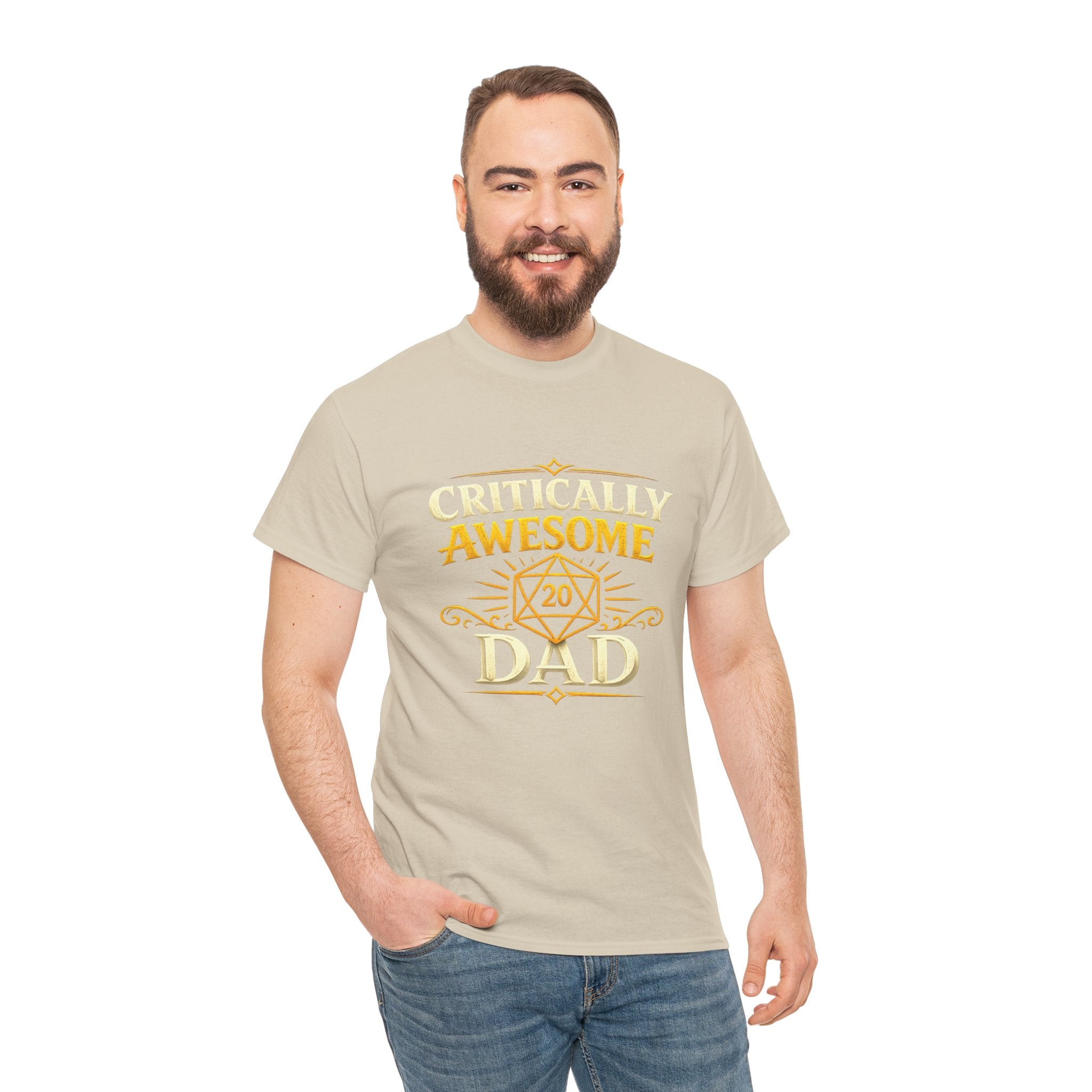 Critically Awesome Dad T‑Shirt – Gold D20 Gaming Father Tee (Father’s Day, Gamer Dad Gift)