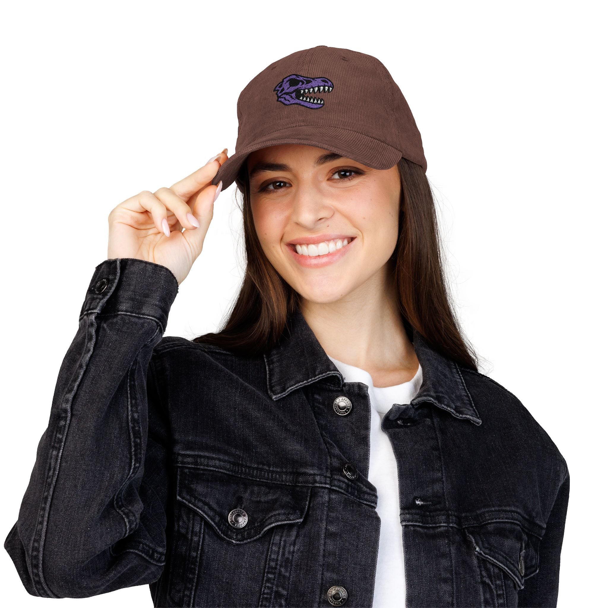 Vintage Corduroy Baseball Cap — Embroidered Purple Dino Skull