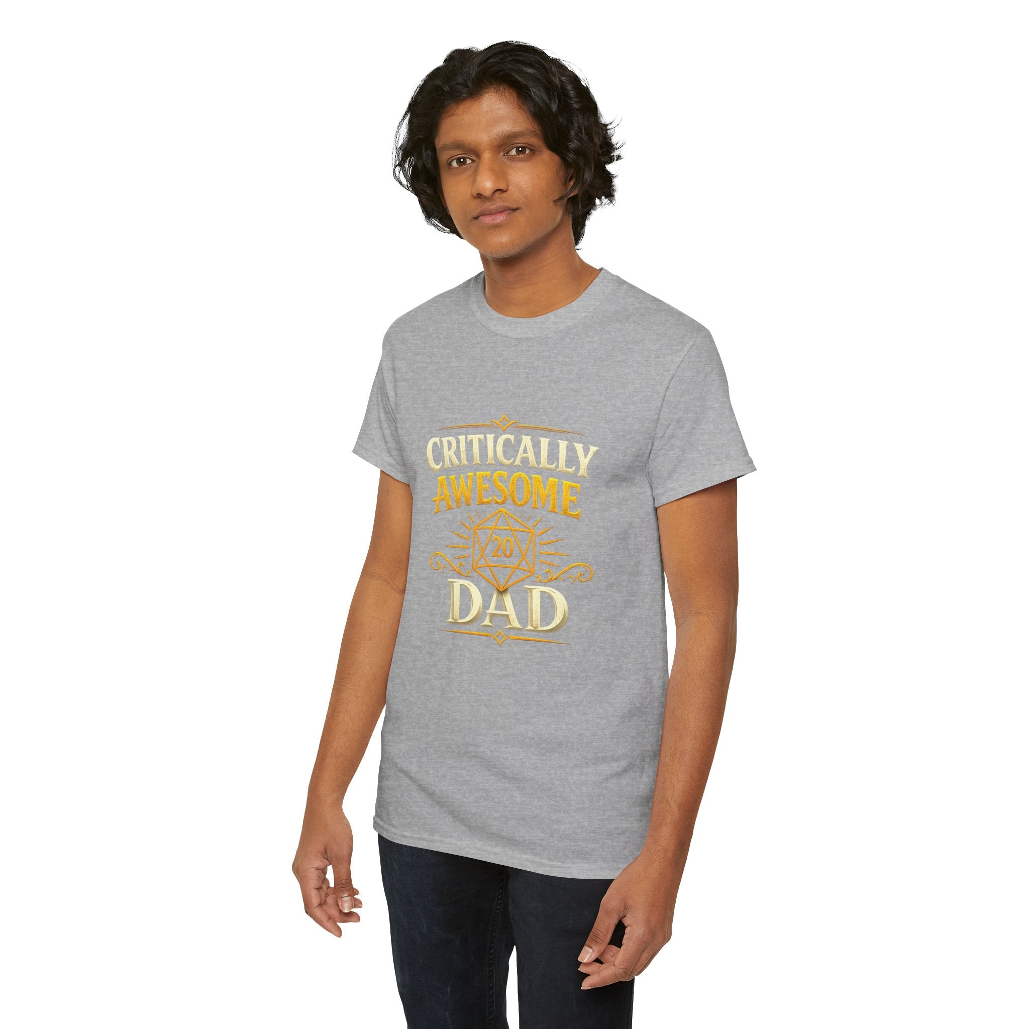 Critically Awesome Dad T‑Shirt – Gold D20 Gaming Father Tee (Father’s Day, Gamer Dad Gift)