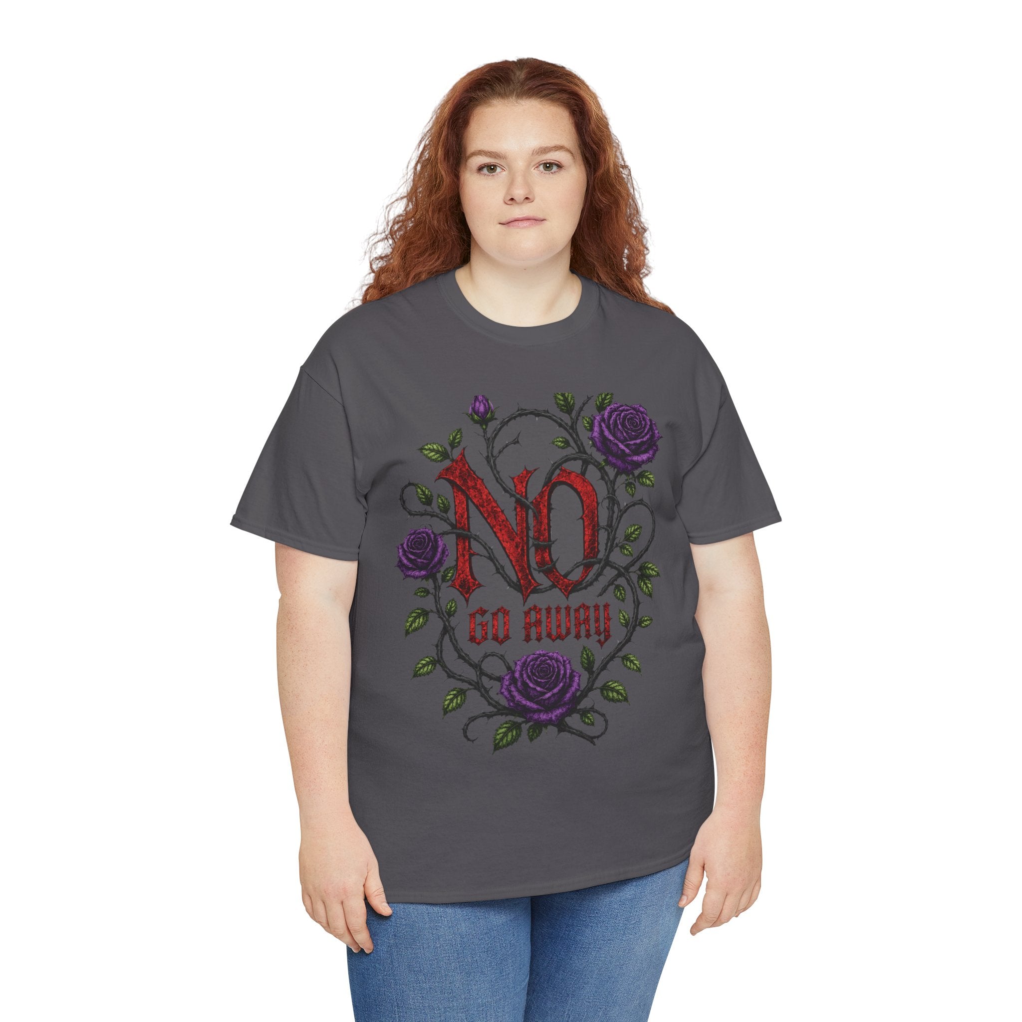 No Go Away T-Shirt | Gothic Purple Roses, Dark Floral Typography