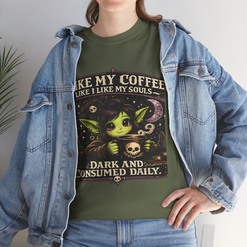 Like My Coffee Tee — "Like My Coffee Like I Like My Souls: Dark and Consumed Daily" Gothic Graphic T-Shirt