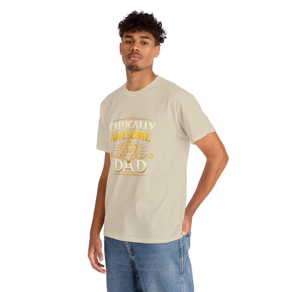 Critically Awesome Dad T‑Shirt – Gold D20 Gaming Father Tee (Father’s Day, Gamer Dad Gift)