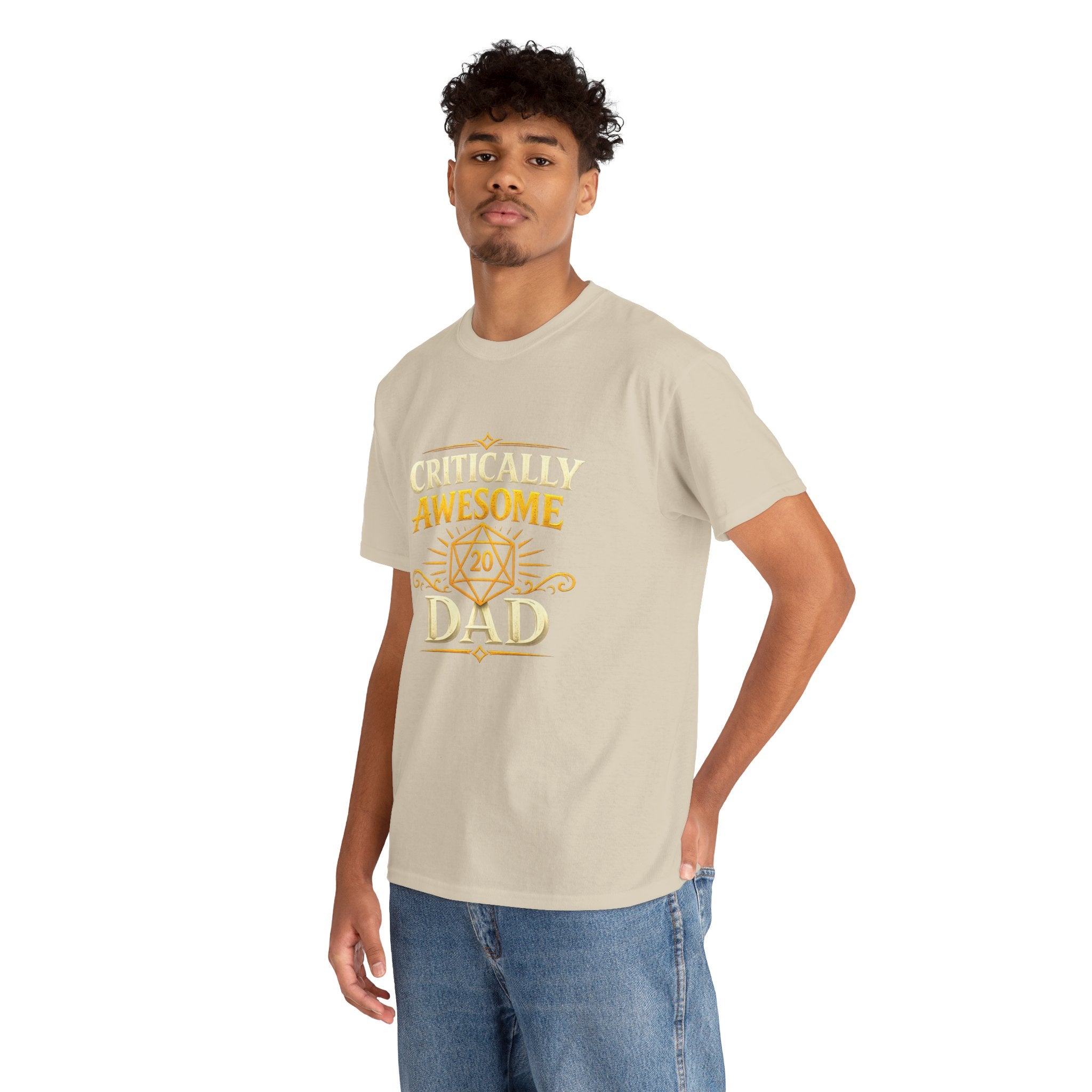 Critically Awesome Dad T‑Shirt – Gold D20 Gaming Father Tee (Father’s Day, Gamer Dad Gift)