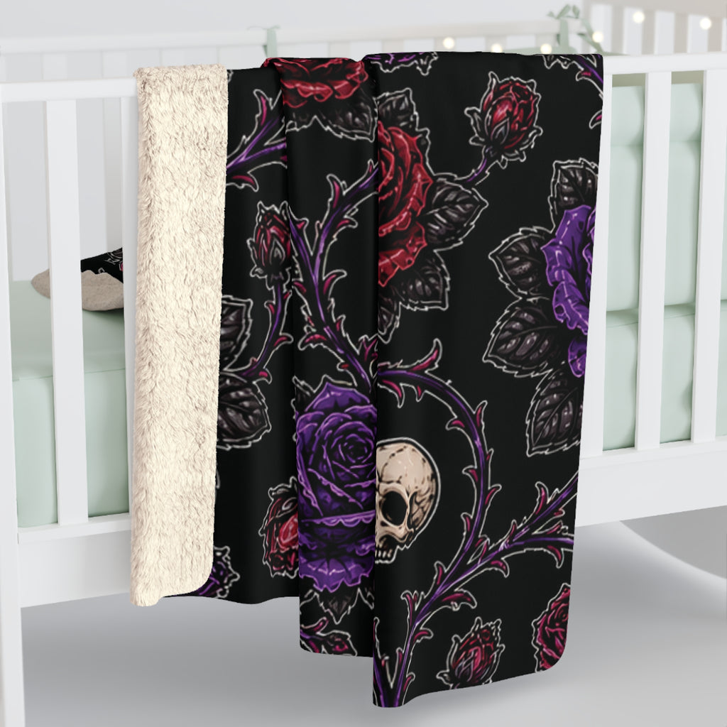 Gothic Skull and Roses Sherpa Blanket | Dark Floral Skull Throw