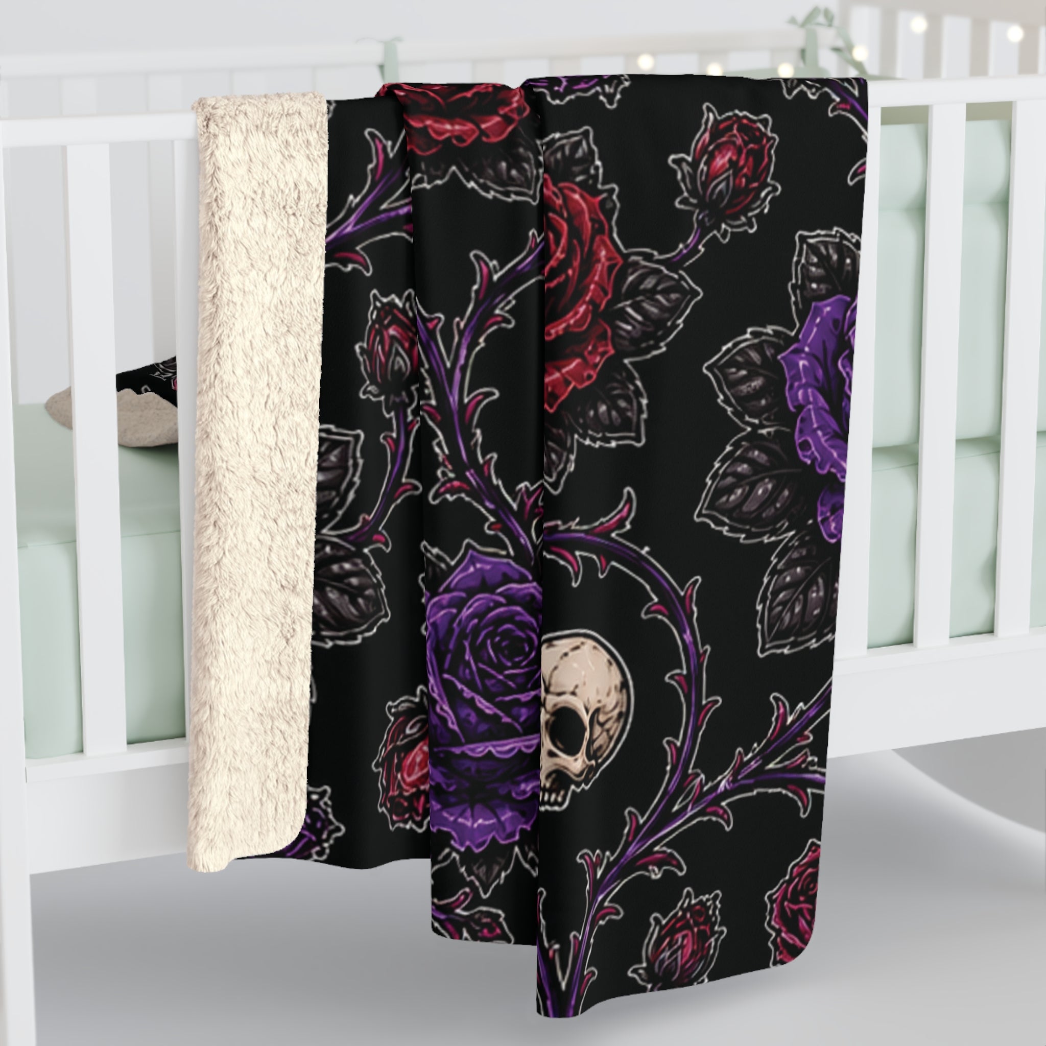 Gothic Skull and Roses Sherpa Blanket | Dark Floral Skull Throw