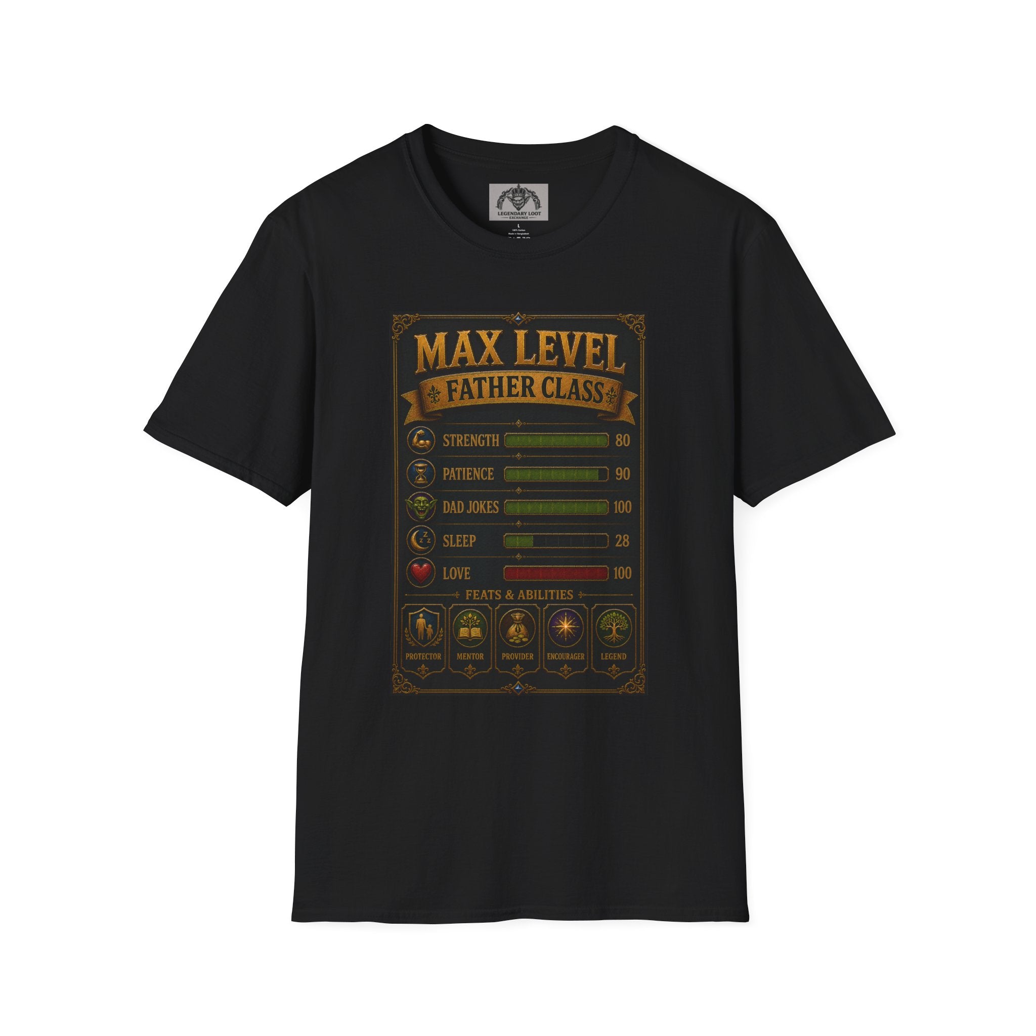 T-Shirt — "Max Level Father Class" Funny Gamer Dad Shirt (Strength, Patience, Dad Jokes)