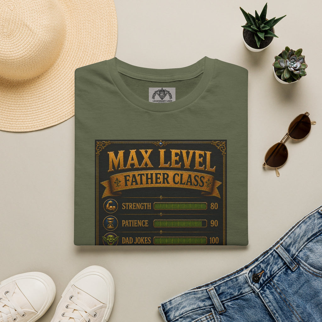 T-Shirt — "Max Level Father Class" Funny Gamer Dad Shirt (Strength, Patience, Dad Jokes)