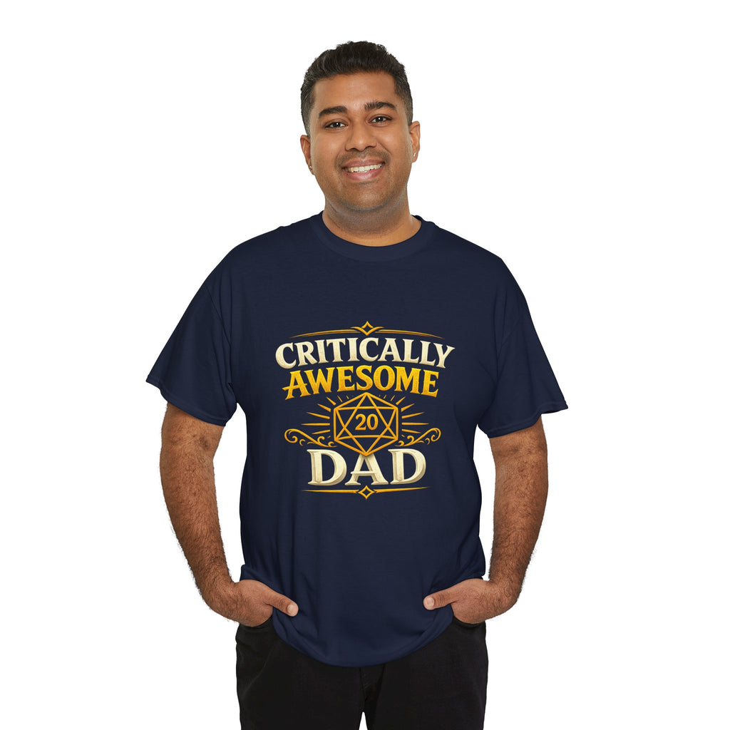 Critically Awesome Dad T‑Shirt – Gold D20 Gaming Father Tee (Father’s Day, Gamer Dad Gift)