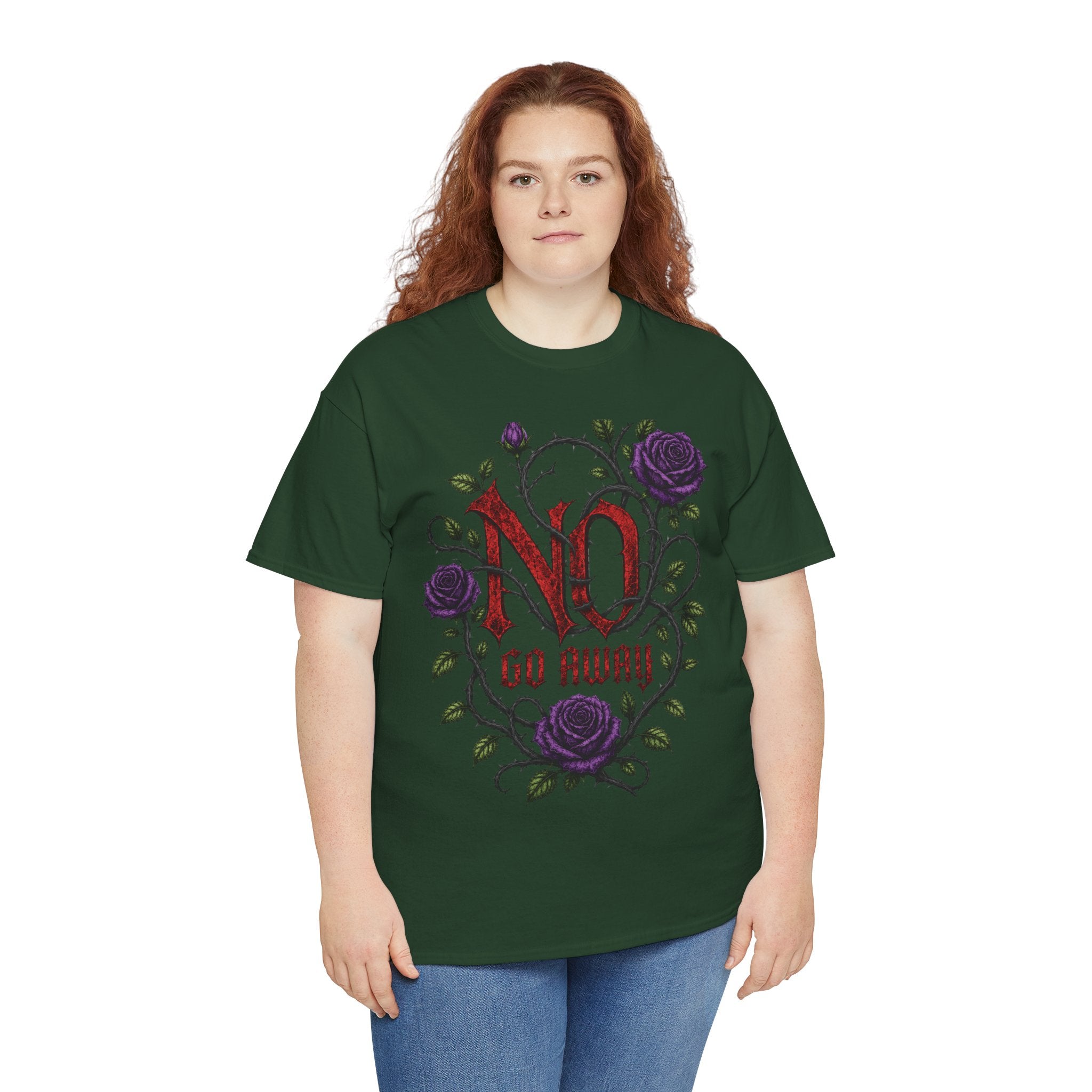 No Go Away T-Shirt | Gothic Purple Roses, Dark Floral Typography