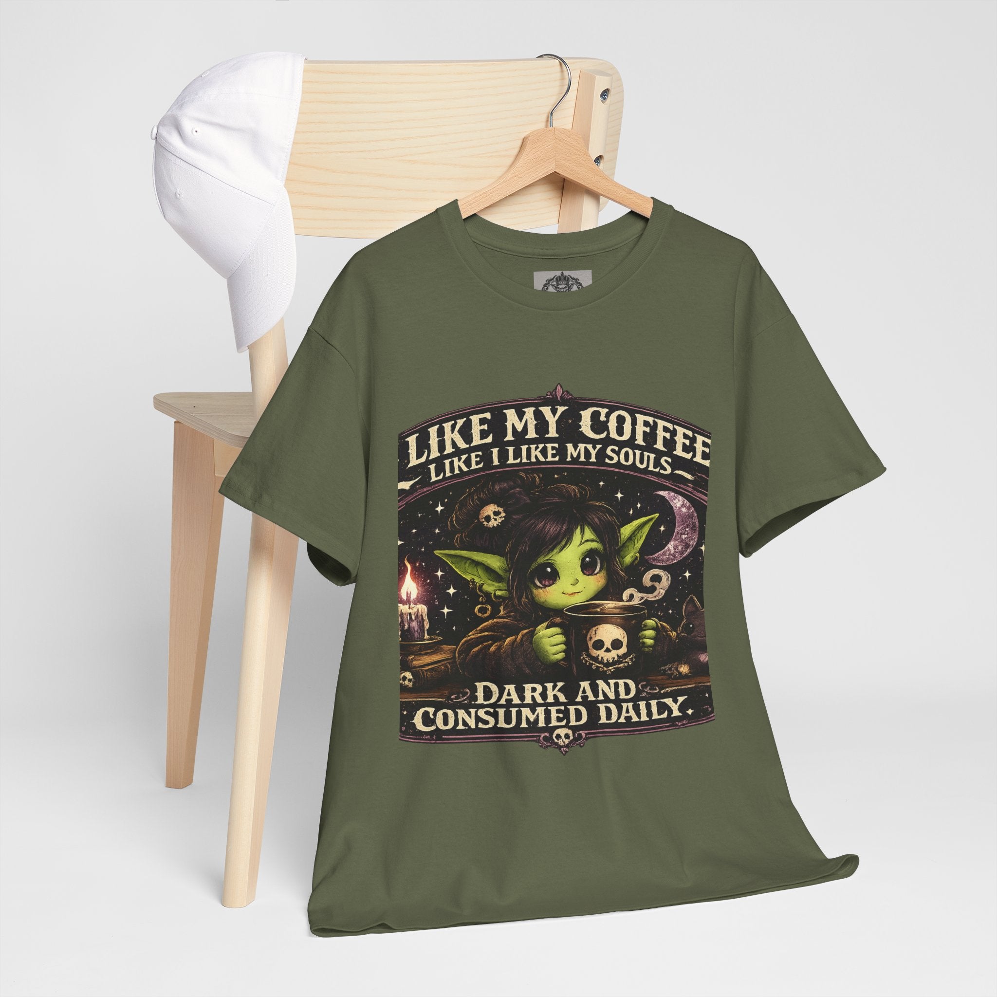 Like My Coffee Tee — "Like My Coffee Like I Like My Souls: Dark and Consumed Daily" Gothic Graphic T-Shirt