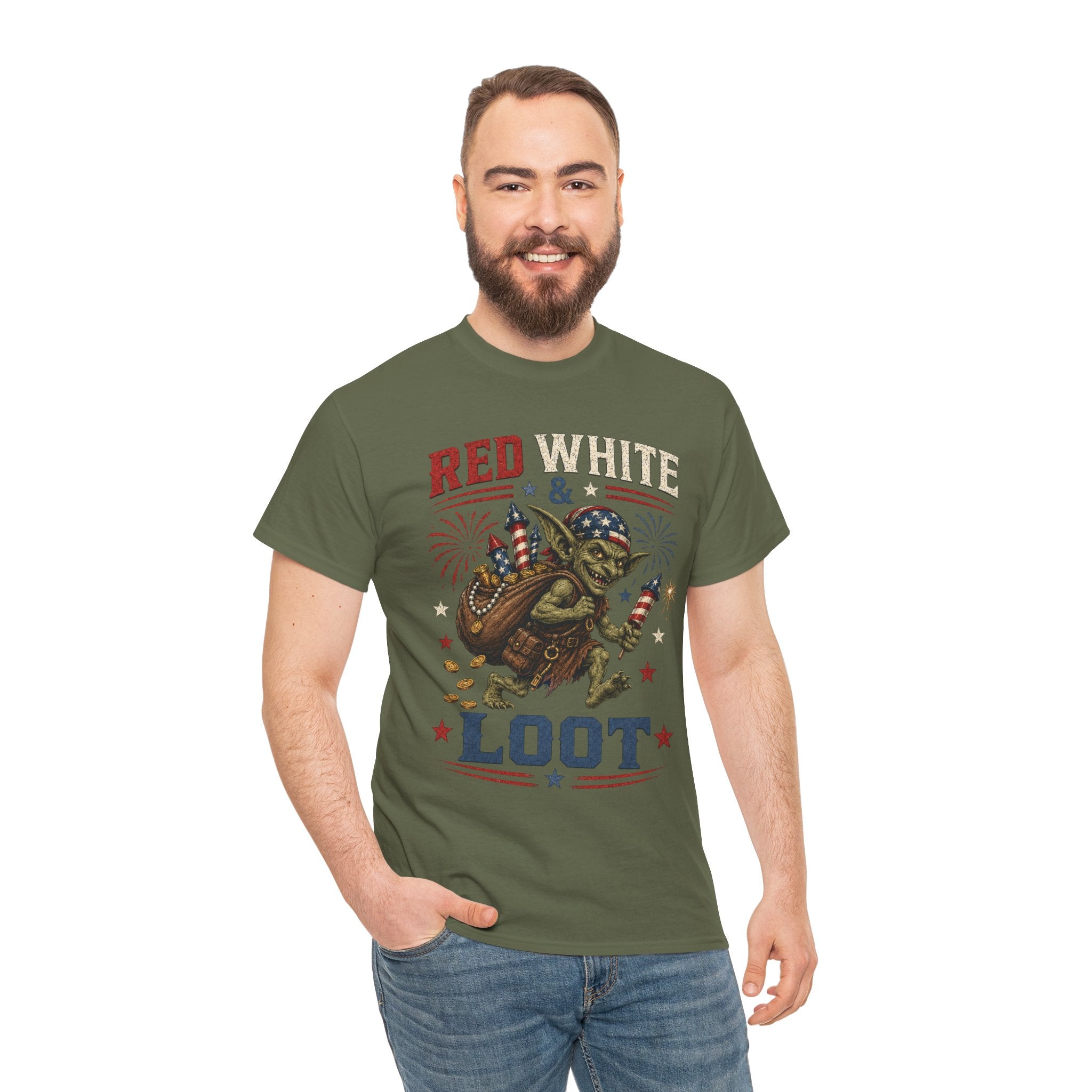 Red White & Loot Goblin Illustration Tee | Patriotic Fourth of July Shirt