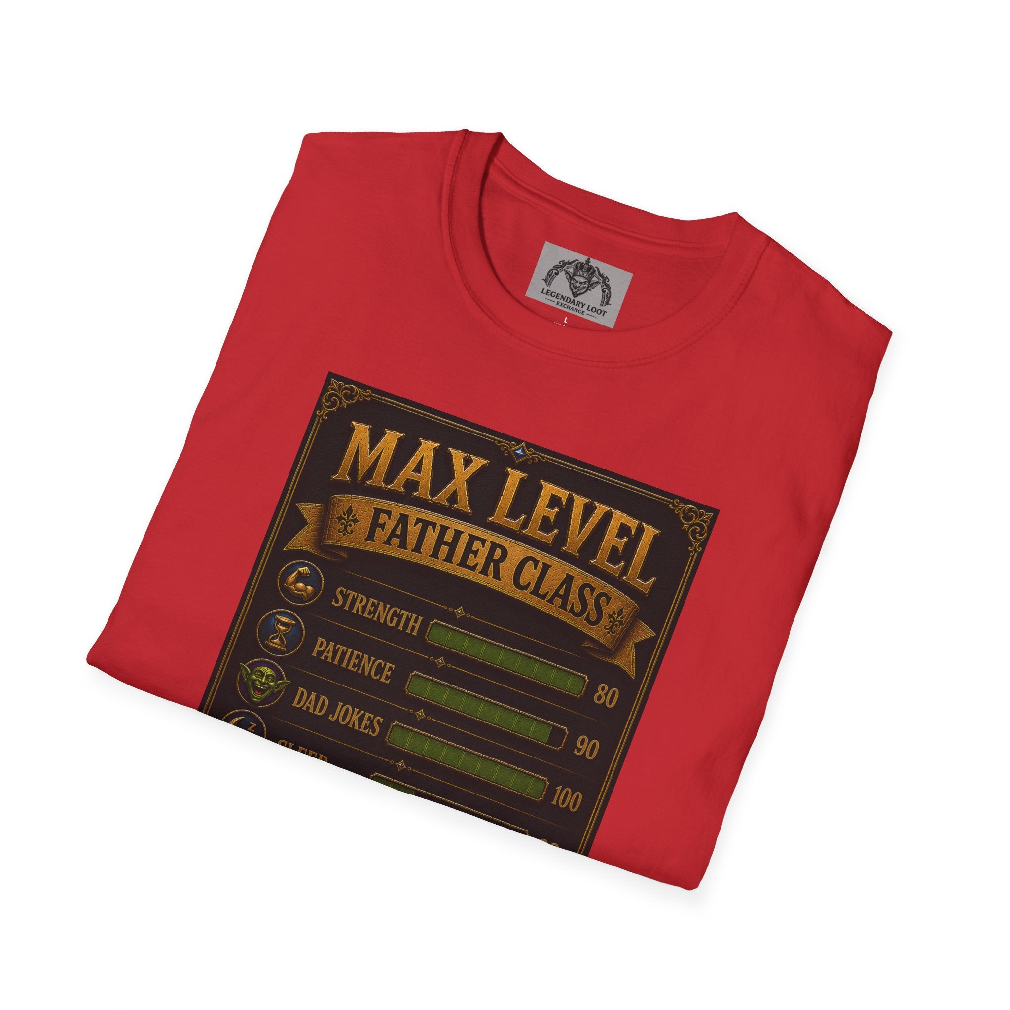 T-Shirt — "Max Level Father Class" Funny Gamer Dad Shirt (Strength, Patience, Dad Jokes)