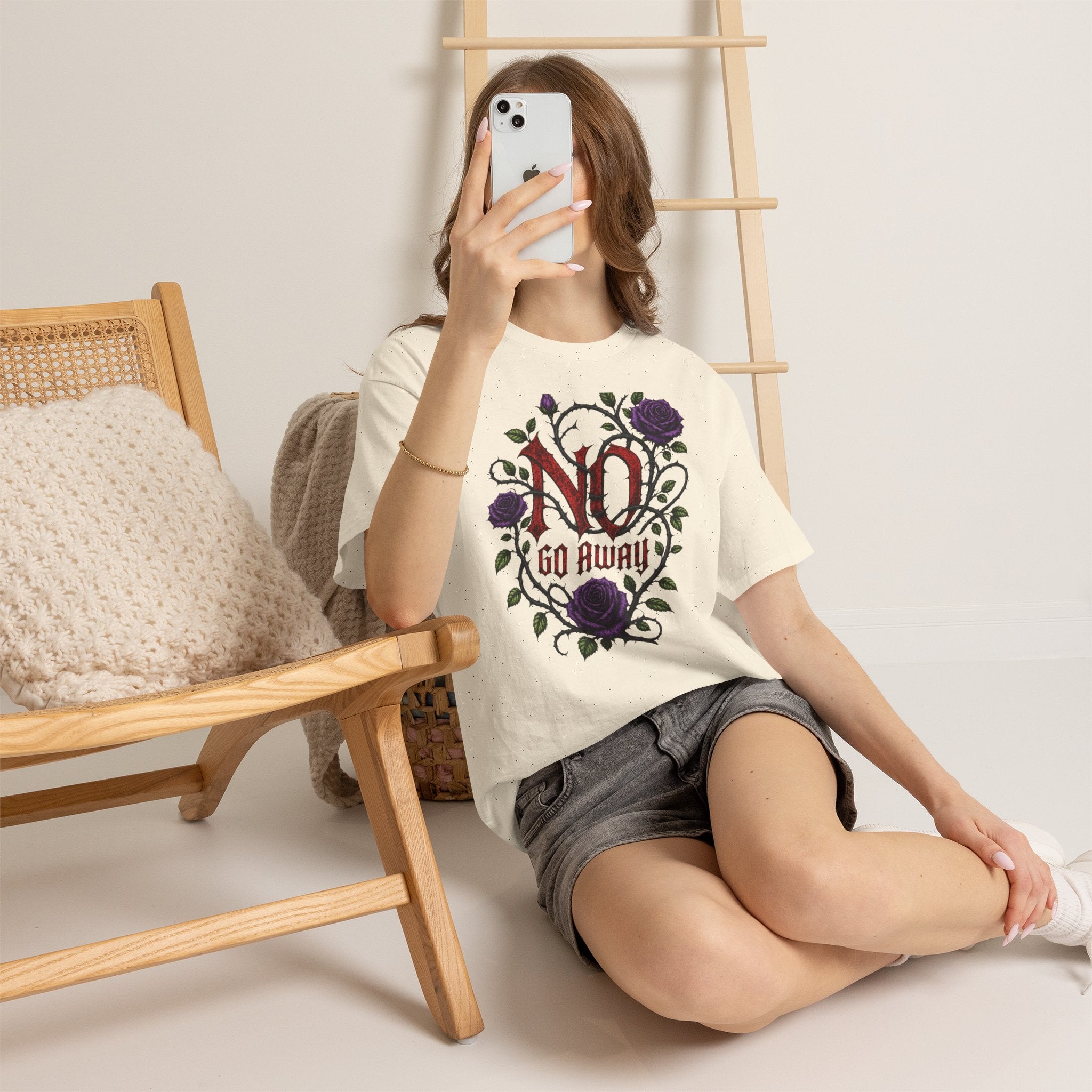 No Go Away T-Shirt | Gothic Purple Roses, Dark Floral Typography