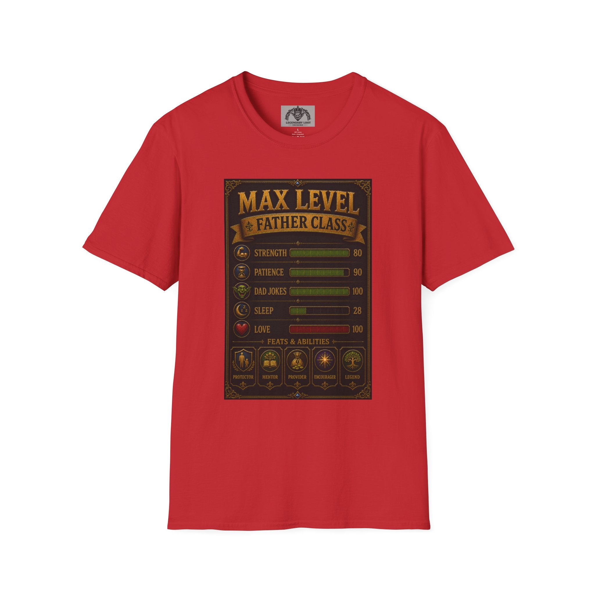 T-Shirt — "Max Level Father Class" Funny Gamer Dad Shirt (Strength, Patience, Dad Jokes)