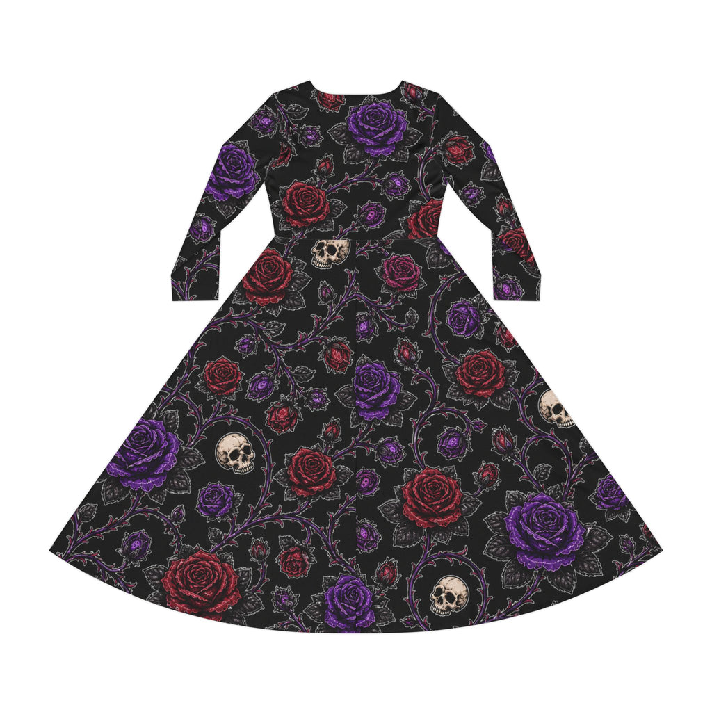 Gothic Skull & Roses Dress | Long Sleeve Floral Skull Pattern