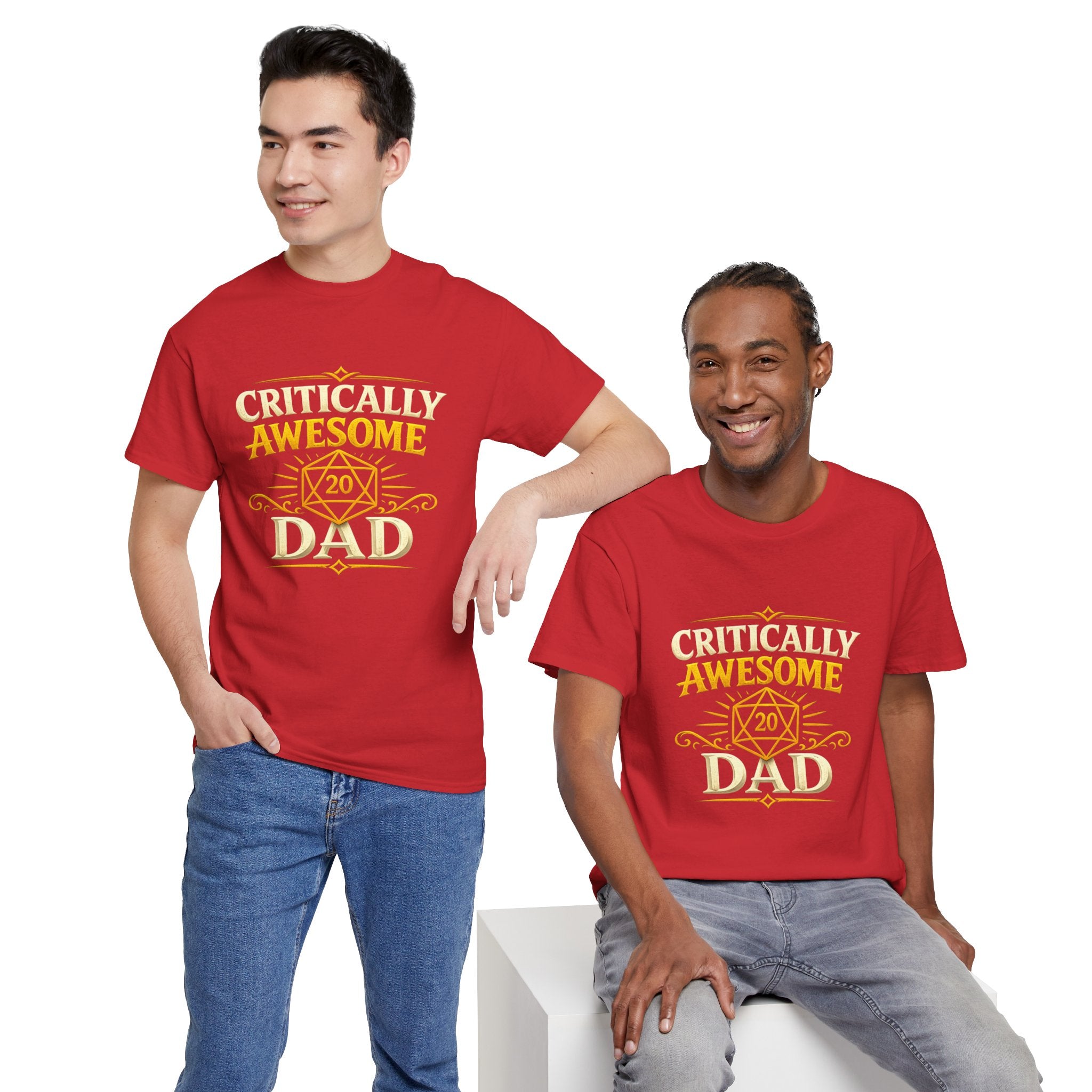 Critically Awesome Dad T‑Shirt – Gold D20 Gaming Father Tee (Father’s Day, Gamer Dad Gift)