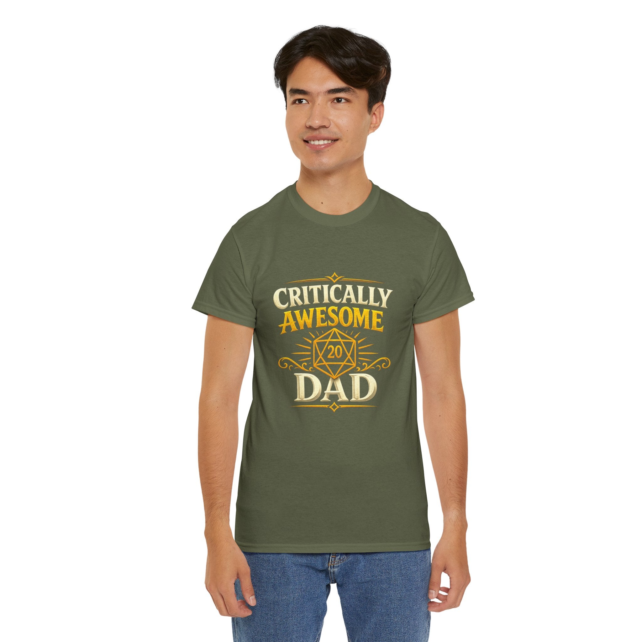 Critically Awesome Dad T‑Shirt – Gold D20 Gaming Father Tee (Father’s Day, Gamer Dad Gift)